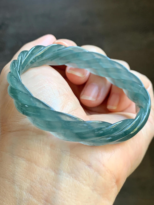 Certified Natural Grade A Guatemalan Icy Translucent Gelatinous Teal Blue Jade Jadeite Carved Braid Bangle 57.9mm 7.15” 天然冰胶危深蓝翡翠麻花手镯 279