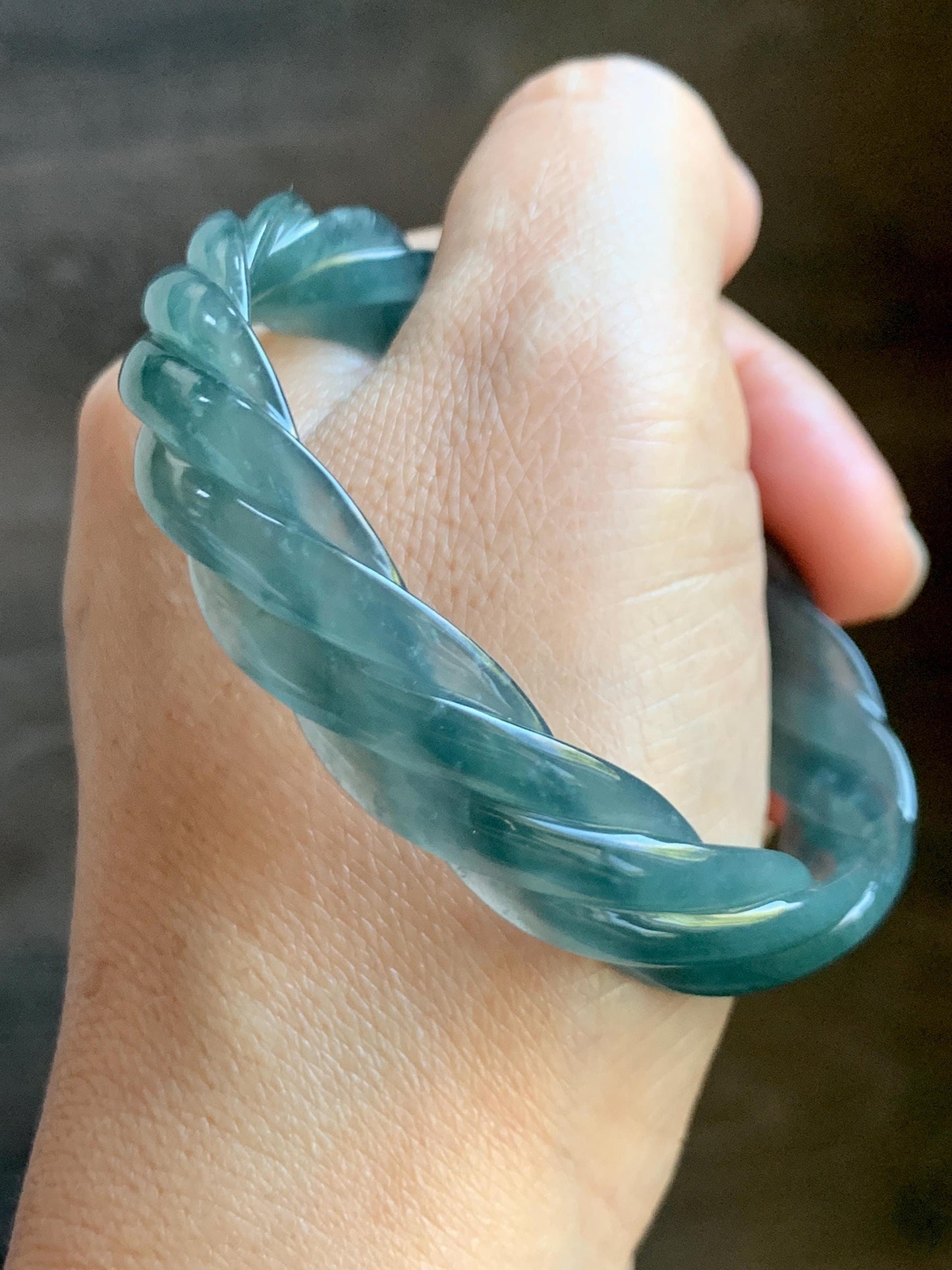 Certified Natural Grade A Guatemalan Icy Translucent Gelatinous Teal Blue Jade Jadeite Carved Braid Bangle 57.9mm 7.15” 天然冰胶危深蓝翡翠麻花手镯 279