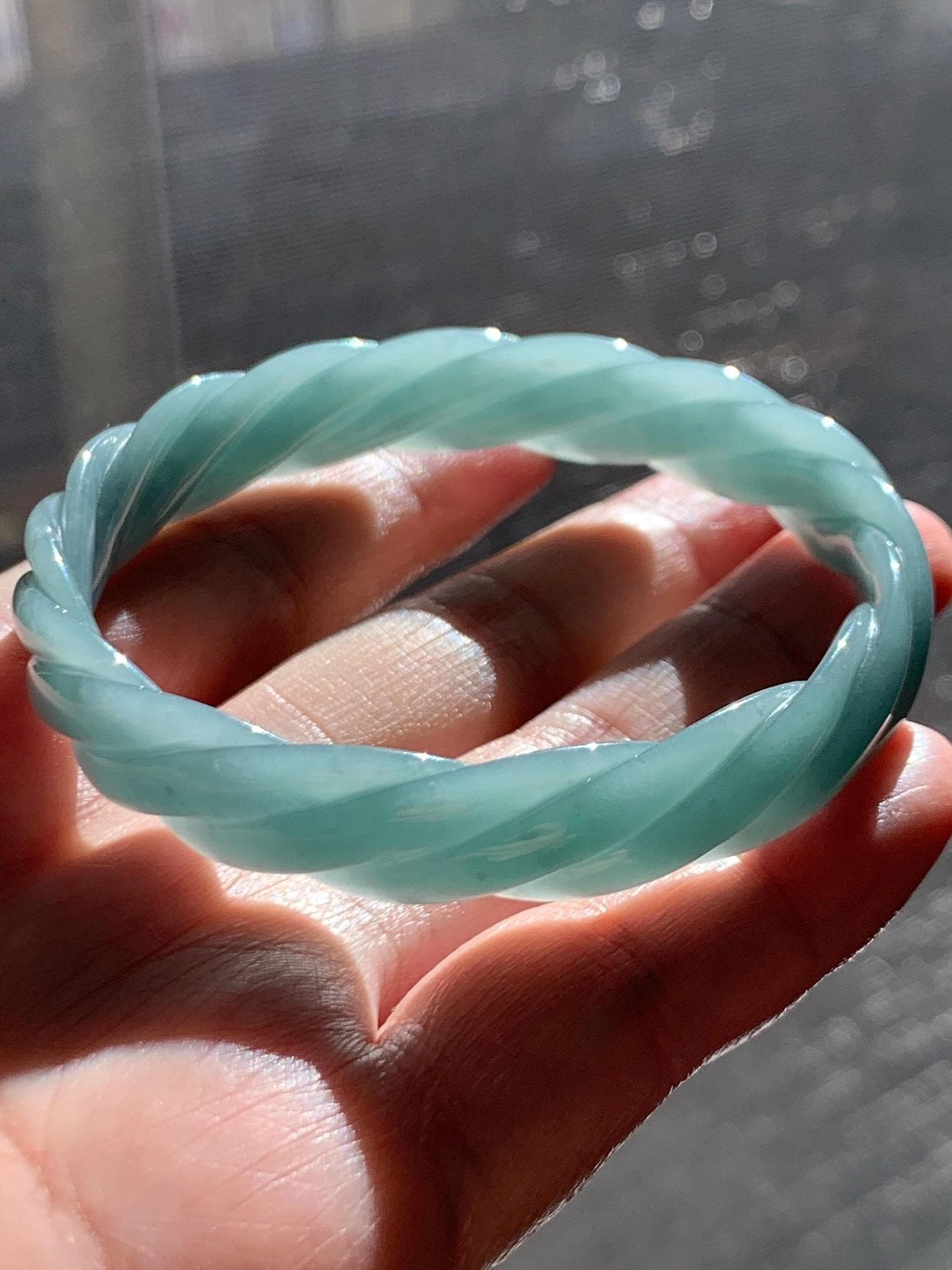 Certified Natural Grade A Guatemalan Icy Translucent Dusty Teal Blue Jade Jadeite Carved Braid Bangle 56.35mm 6.96” 天然冰危淡蓝绿翡翠麻花手镯 709