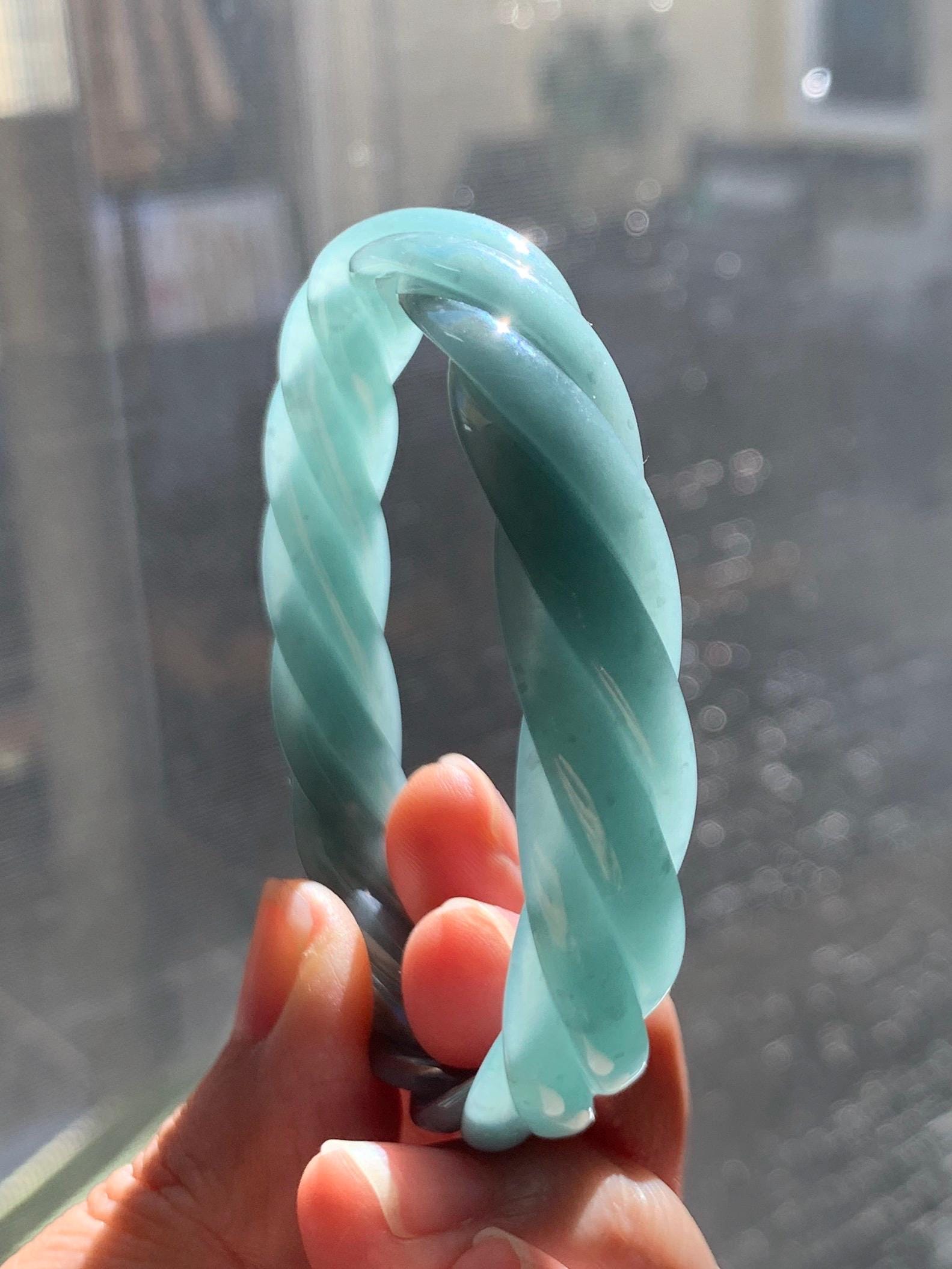 Certified Natural Grade A Guatemalan Icy Translucent Dusty Teal Blue Jade Jadeite Carved Braid Bangle 56.35mm 6.96” 天然冰危淡蓝绿翡翠麻花手镯 709