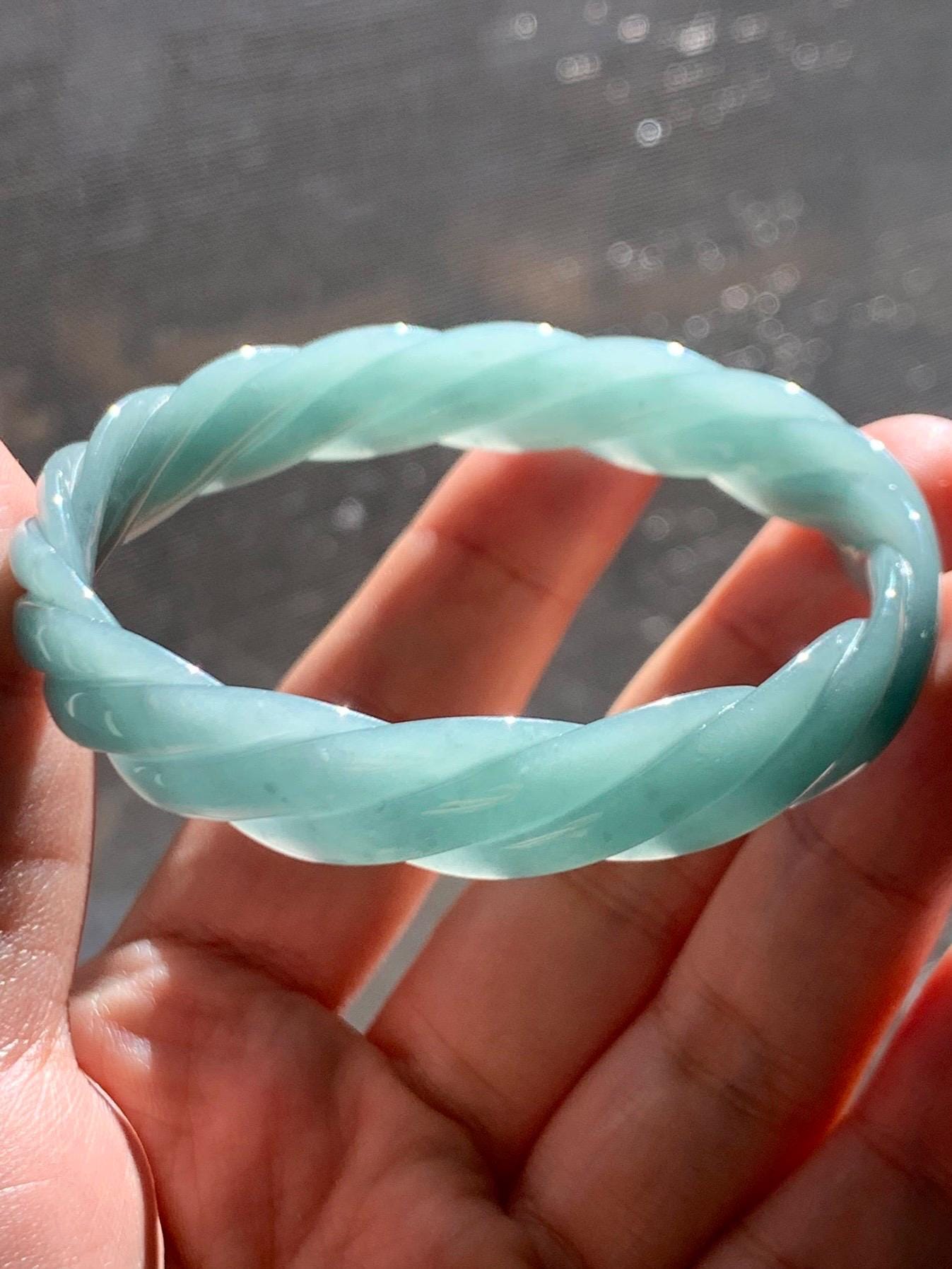 Certified Natural Grade A Guatemalan Icy Translucent Dusty Teal Blue Jade Jadeite Carved Braid Bangle 56.35mm 6.96” 天然冰危淡蓝绿翡翠麻花手镯 709