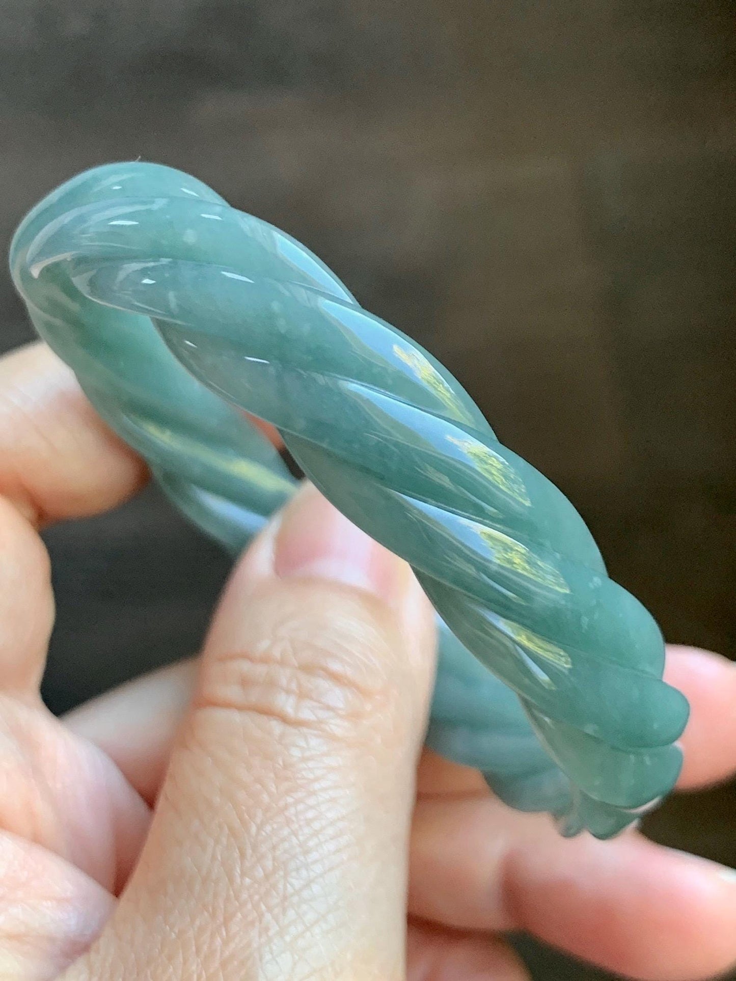 Certified Natural Grade A Guatemalan Icy Translucent Dusty Teal Blue Jade Jadeite Carved Braid Bangle 56.35mm 6.96” 天然冰危淡蓝绿翡翠麻花手镯 709