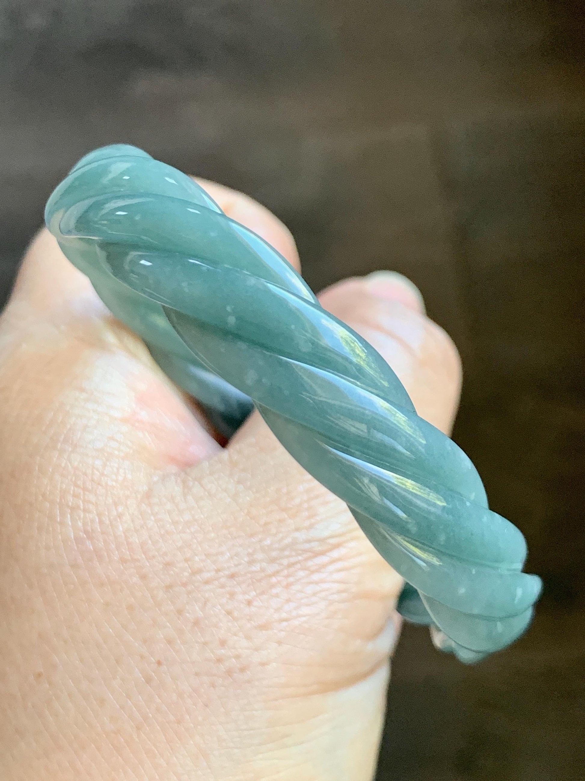 Certified Natural Grade A Guatemalan Icy Translucent Dusty Teal Blue Jade Jadeite Carved Braid Bangle 56.35mm 6.96” 天然冰危淡蓝绿翡翠麻花手镯 709