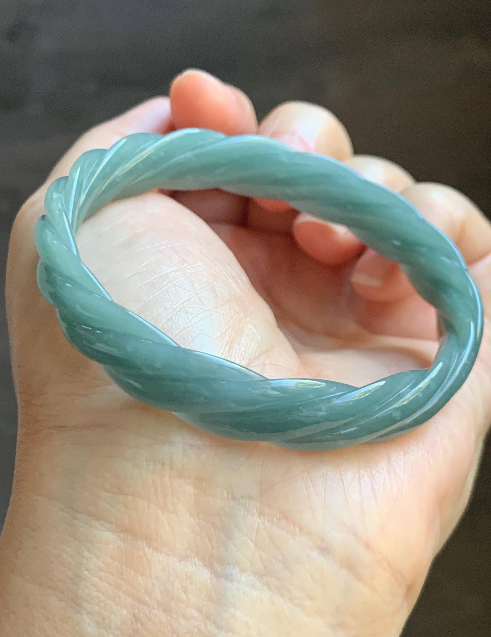 Certified Natural Grade A Guatemalan Icy Translucent Dusty Teal Blue Jade Jadeite Carved Braid Bangle 56.35mm 6.96” 天然冰危淡蓝绿翡翠麻花手镯 709