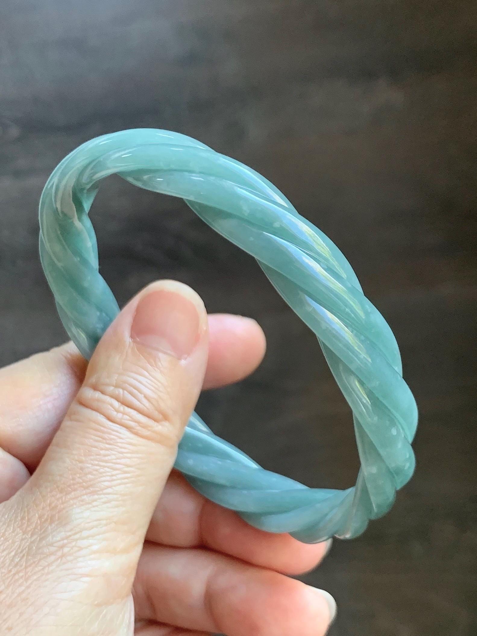 Certified Natural Grade A Guatemalan Icy Translucent Dusty Teal Blue Jade Jadeite Carved Braid Bangle 65.85mm 8.14” 天然冰危淡蓝绿翡翠麻花手镯 281