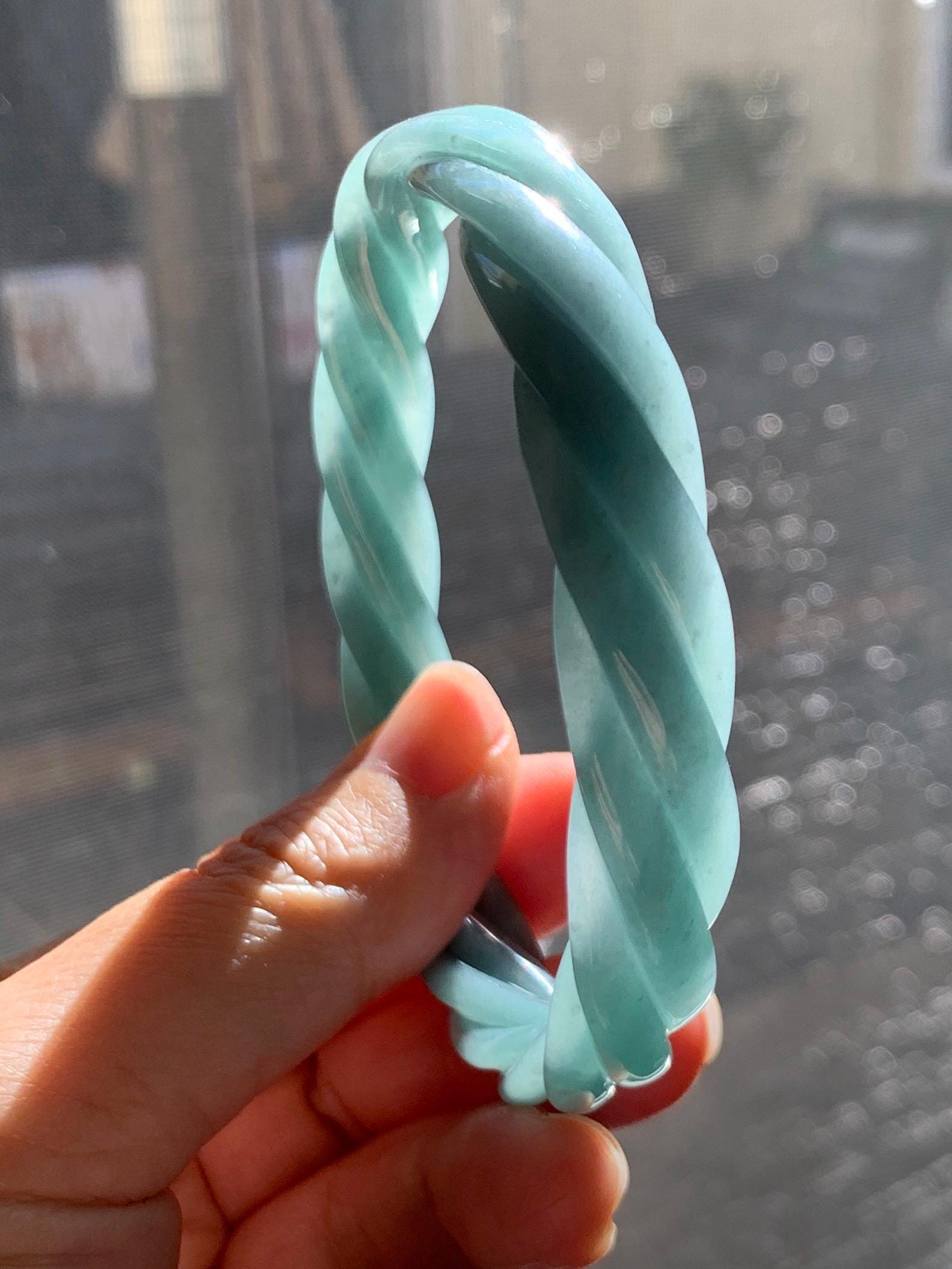 Certified Natural Grade A Guatemalan Icy Translucent Dusty Teal Blue Jade Jadeite Carved Braid Bangle 65.85mm 8.14” 天然冰危淡蓝绿翡翠麻花手镯 281