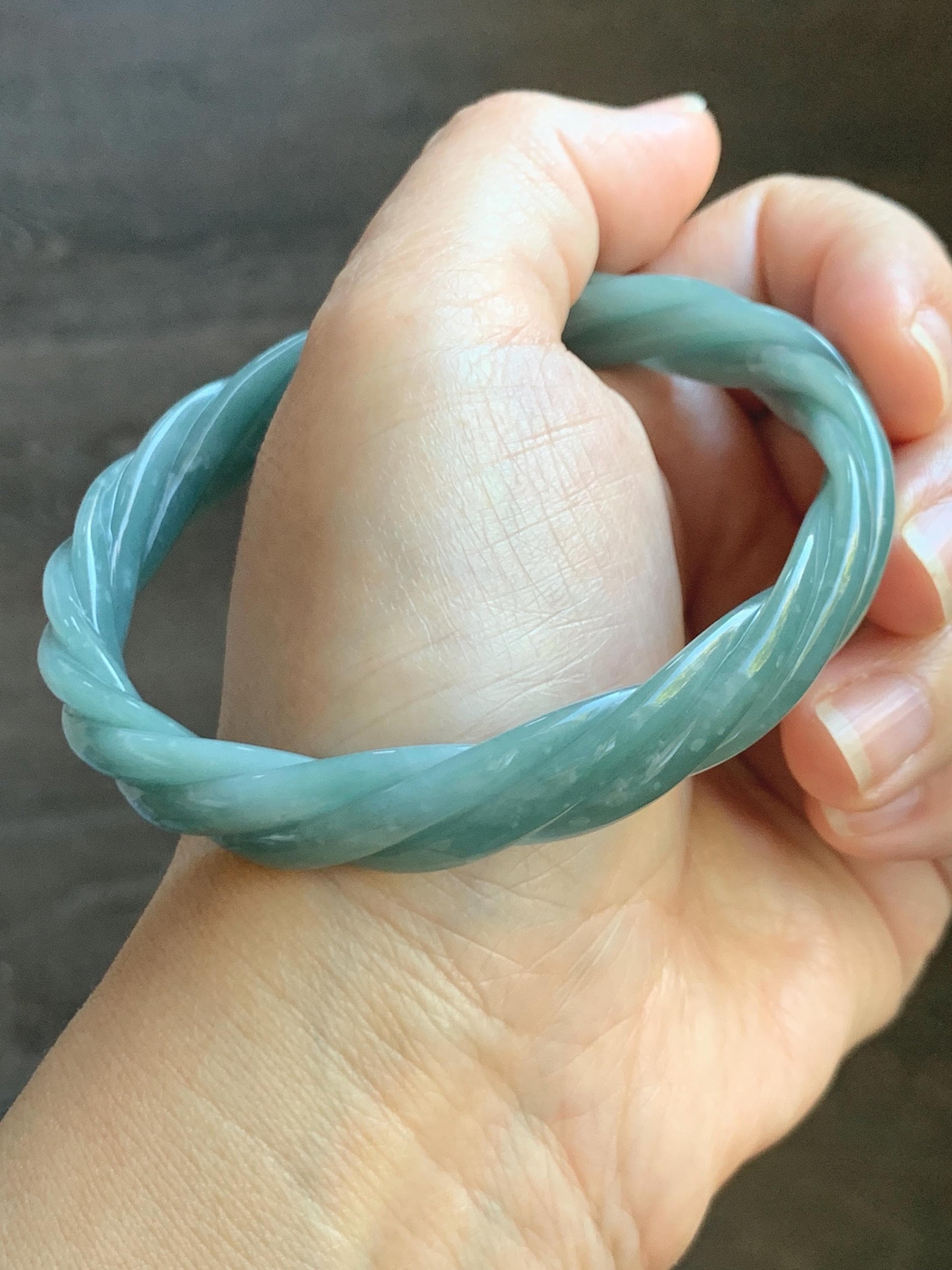 Certified Natural Grade A Guatemalan Icy Translucent Dusty Teal Blue Jade Jadeite Carved Braid Bangle 65.85mm 8.14” 天然冰危淡蓝绿翡翠麻花手镯 281