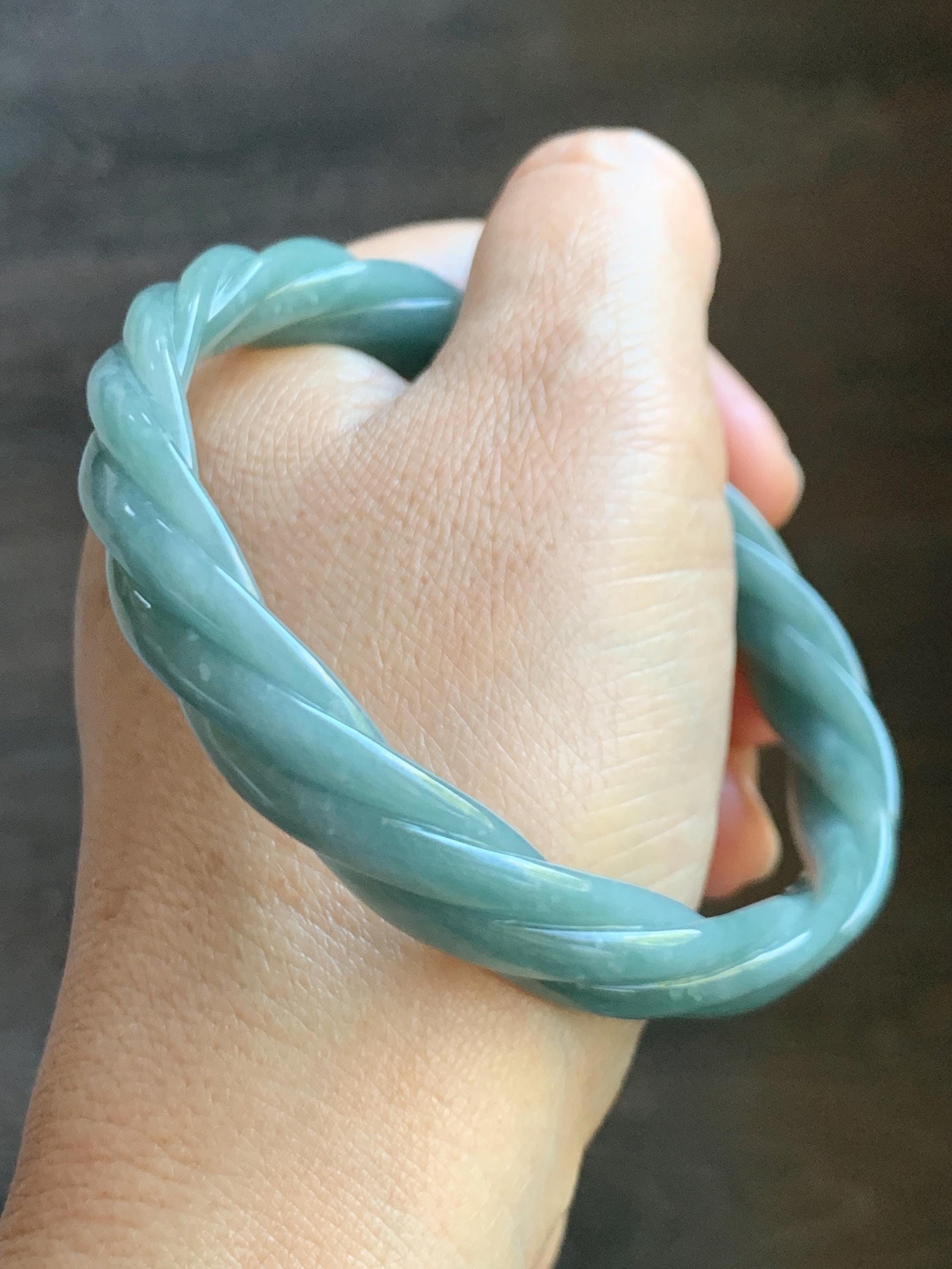 Certified Natural Grade A Guatemalan Icy Translucent Dusty Teal Blue Jade Jadeite Carved Braid Bangle 65.85mm 8.14” 天然冰危淡蓝绿翡翠麻花手镯 281