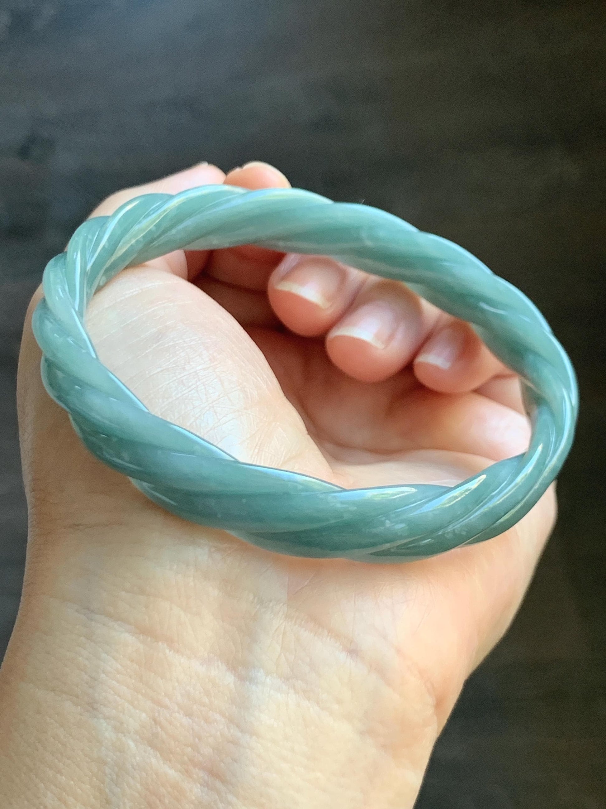 Certified Natural Grade A Guatemalan Icy Translucent Dusty Teal Blue Jade Jadeite Carved Braid Bangle 65.85mm 8.14” 天然冰危淡蓝绿翡翠麻花手镯 281