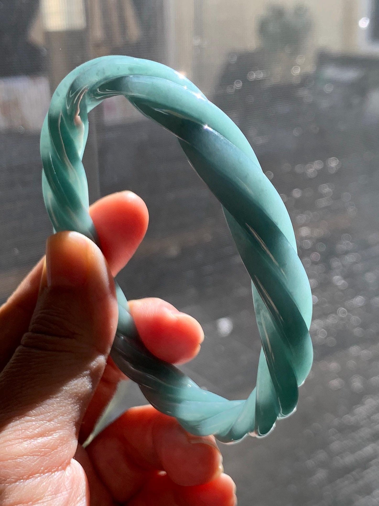 Certified Natural Grade A Guatemalan Icy Translucent Dusty Teal Blue Jade Jadeite Carved Braid Bangle 70.36mm 8.7” 天然冰危淡蓝绿翡翠麻花手镯 710