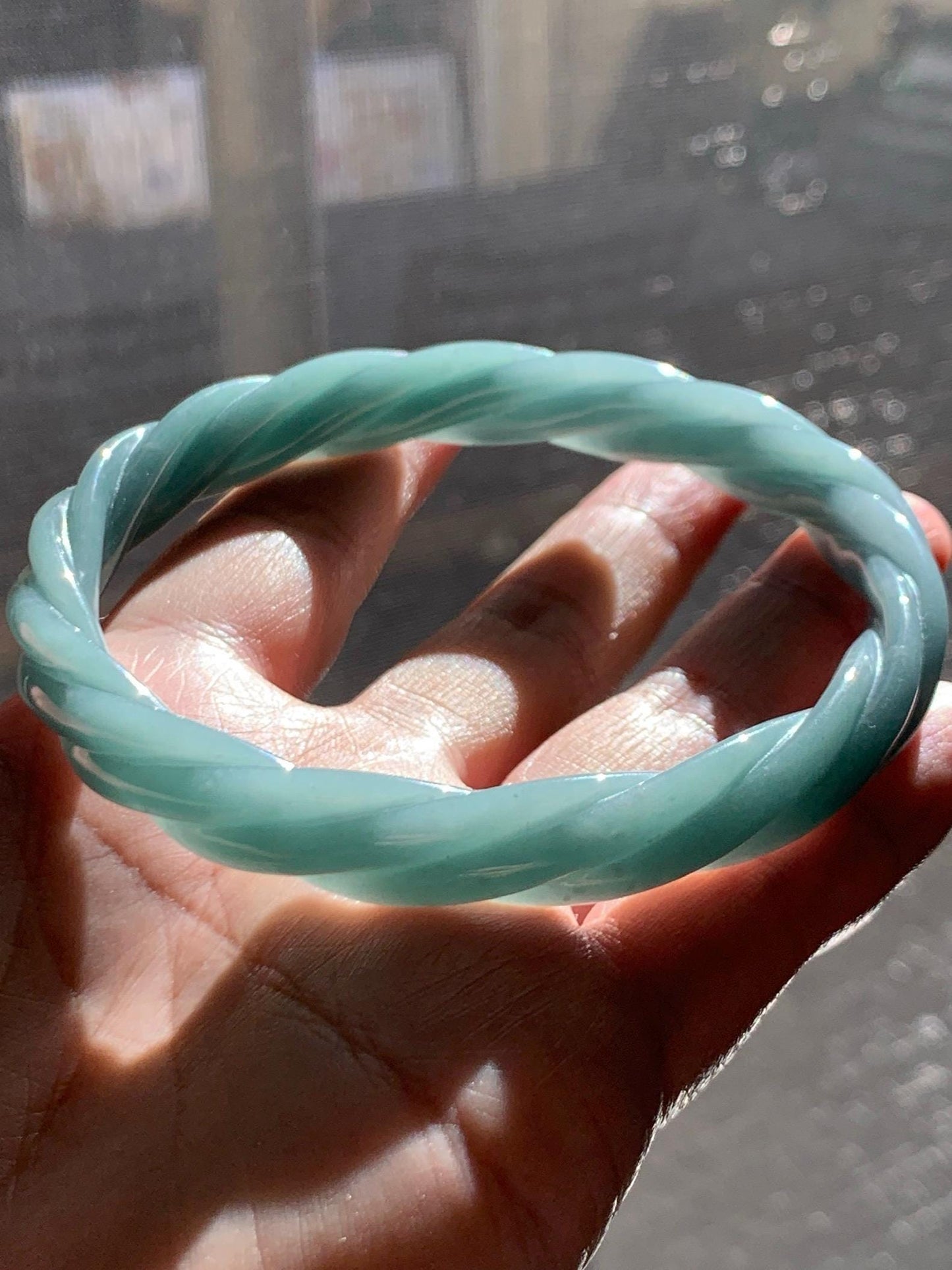 Certified Natural Grade A Guatemalan Icy Translucent Dusty Teal Blue Jade Jadeite Carved Braid Bangle 70.36mm 8.7” 天然冰危淡蓝绿翡翠麻花手镯 710