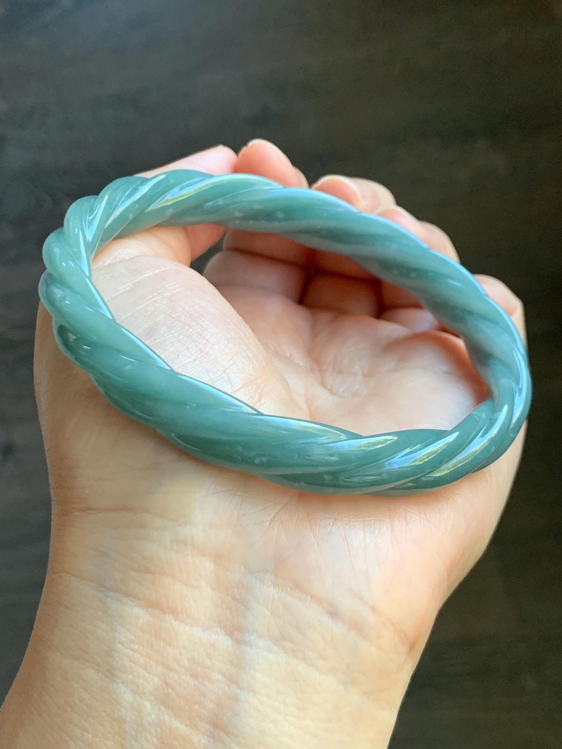 Certified Natural Grade A Guatemalan Icy Translucent Dusty Teal Blue Jade Jadeite Carved Braid Bangle 70.36mm 8.7” 天然冰危淡蓝绿翡翠麻花手镯 710