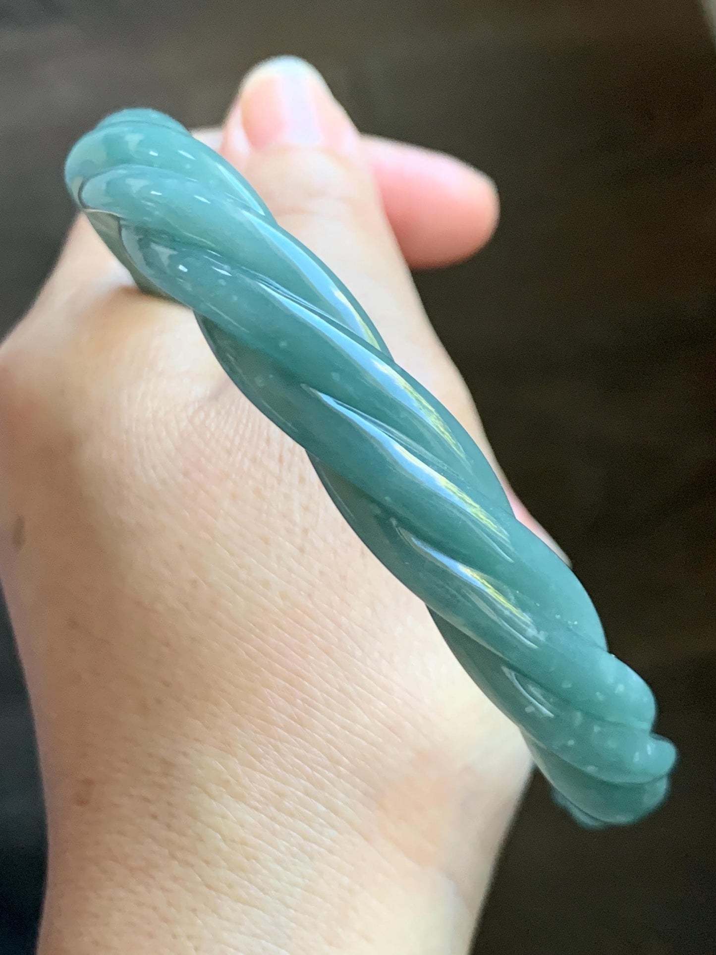Certified Natural Grade A Guatemalan Icy Translucent Dusty Teal Blue Jade Jadeite Carved Braid Bangle 70.36mm 8.7” 天然冰危淡蓝绿翡翠麻花手镯 710