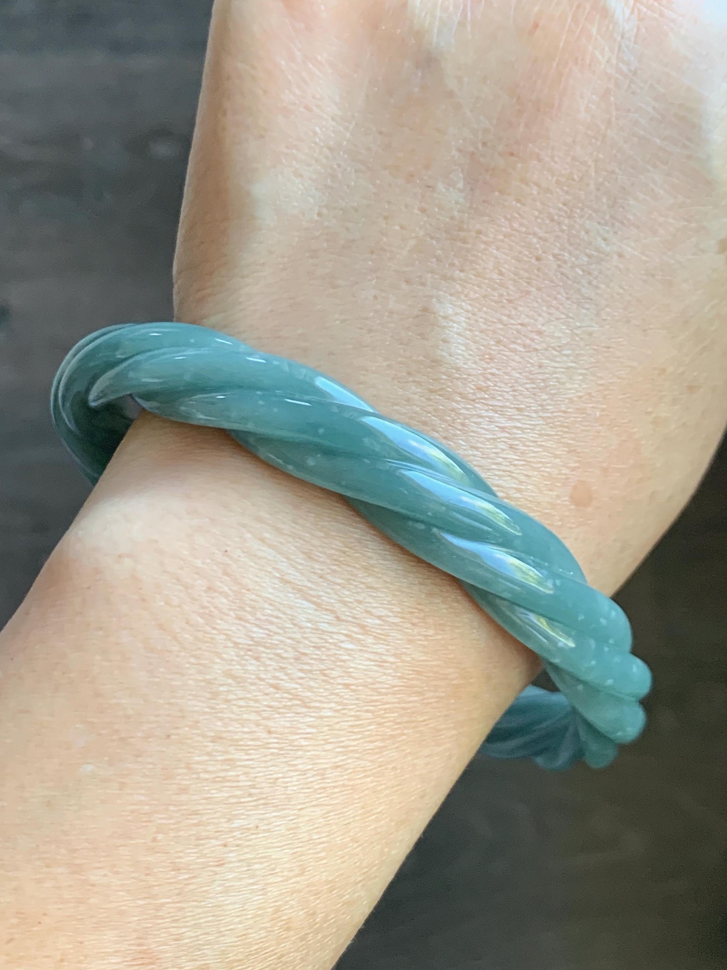 Certified Natural Grade A Guatemalan Icy Translucent Dusty Teal Blue Jade Jadeite Carved Braid Bangle 70.36mm 8.7” 天然冰危淡蓝绿翡翠麻花手镯 710
