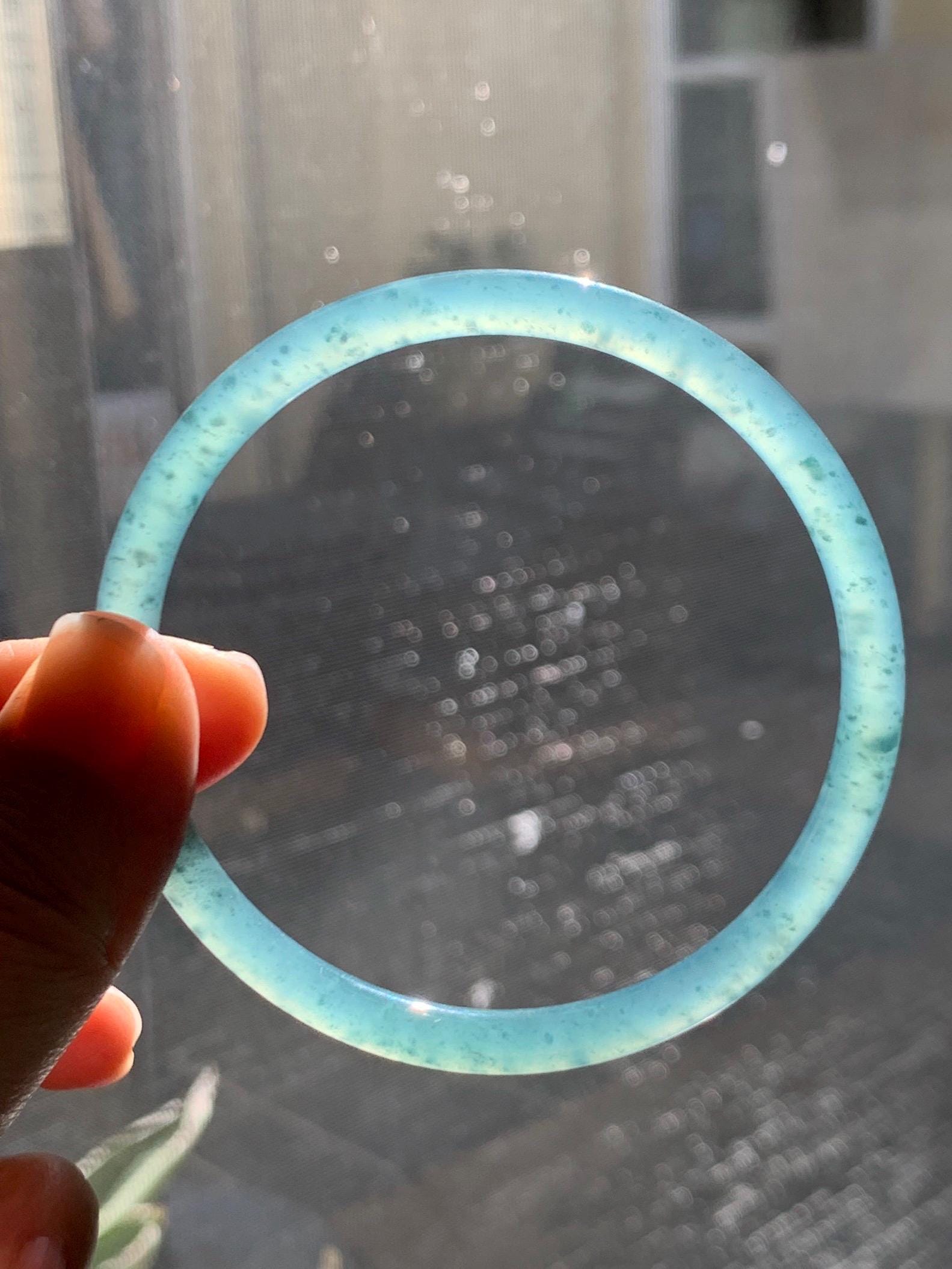 Certified Natural Grade A Guatemalan Icy Highly Translucent Teal Green Jade Jadeite Bangle Bracelet 63.83mm 7.89” 天然冰胶危蓝绿翡翠圆条手镯 713