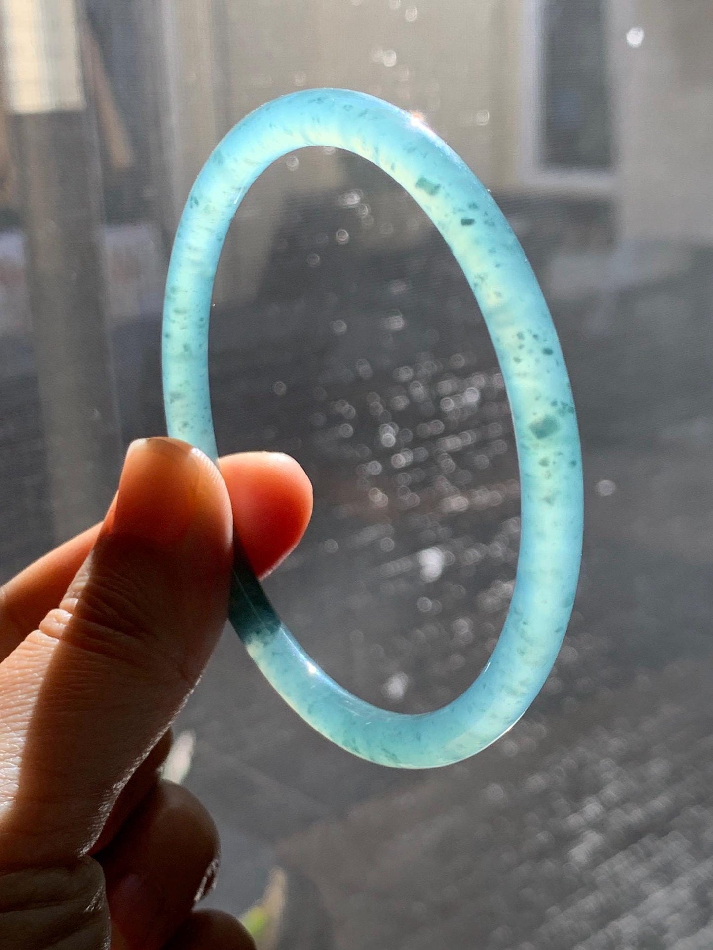 Certified Natural Grade A Guatemalan Icy Highly Translucent Teal Green Jade Jadeite Bangle Bracelet 63.83mm 7.89” 天然冰胶危蓝绿翡翠圆条手镯 713