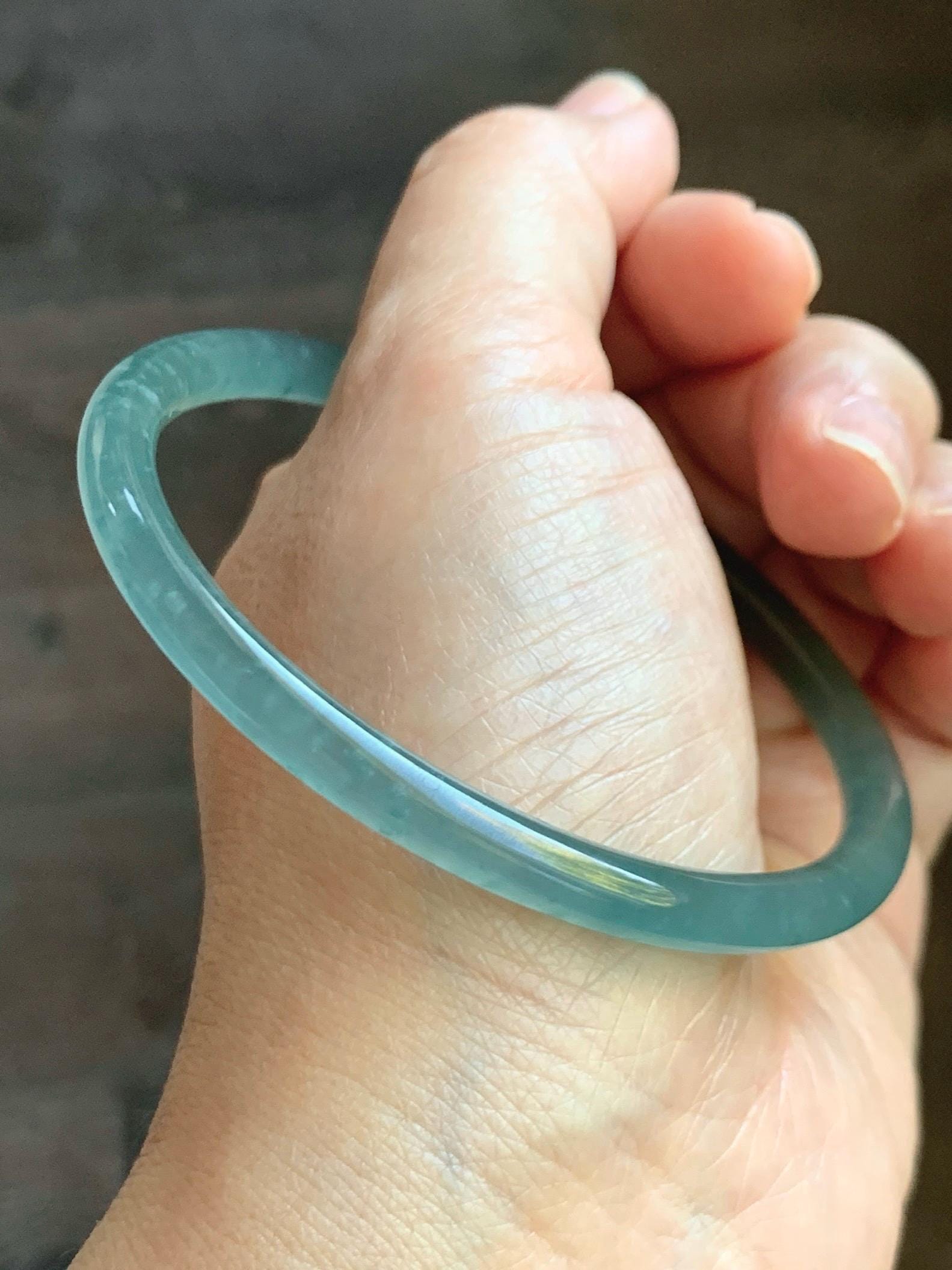 Certified Natural Grade A Guatemalan Icy Highly Translucent Teal Green Jade Jadeite Bangle Bracelet 63.83mm 7.89” 天然冰胶危蓝绿翡翠圆条手镯 713