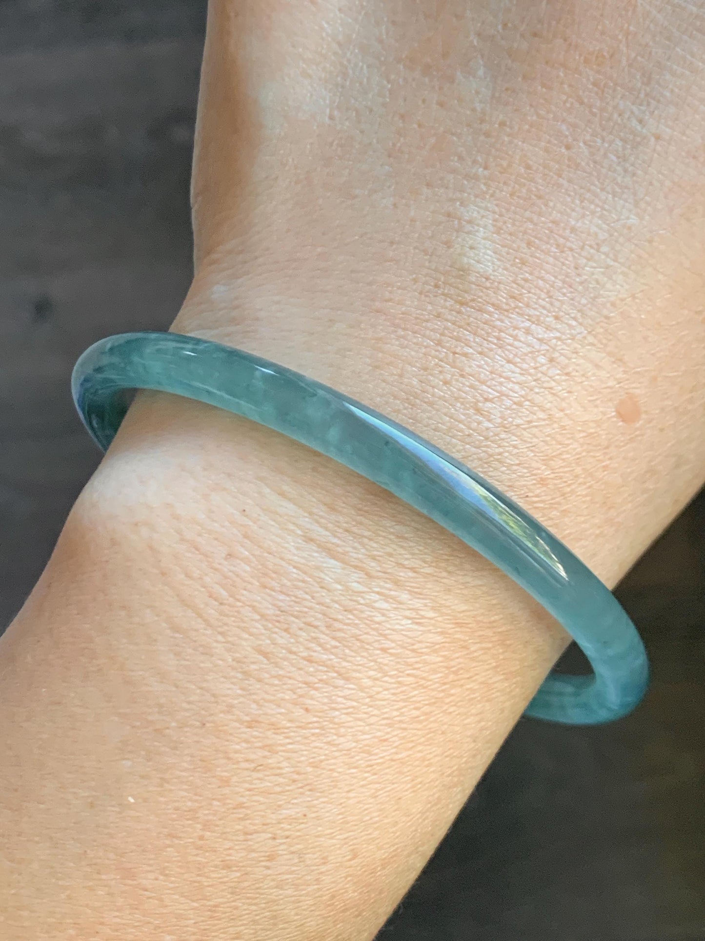 Certified Natural Grade A Guatemalan Icy Highly Translucent Teal Green Jade Jadeite Bangle Bracelet 63.83mm 7.89” 天然冰胶危蓝绿翡翠圆条手镯 713
