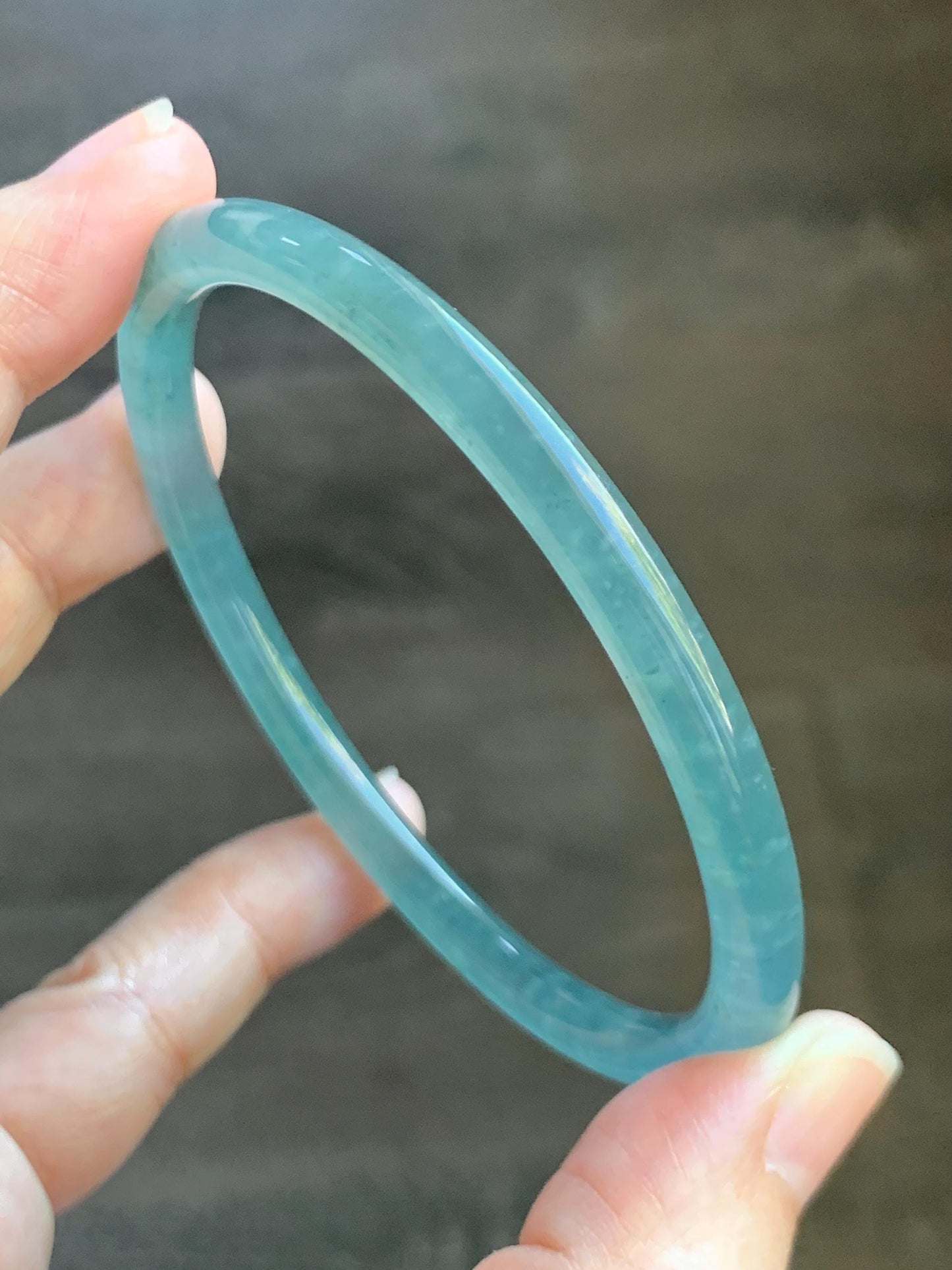 Certified Natural Grade A Guatemalan Icy Highly Translucent Teal Green Jade Jadeite Bangle Bracelet 63.83mm 7.89” 天然冰胶危蓝绿翡翠圆条手镯 713