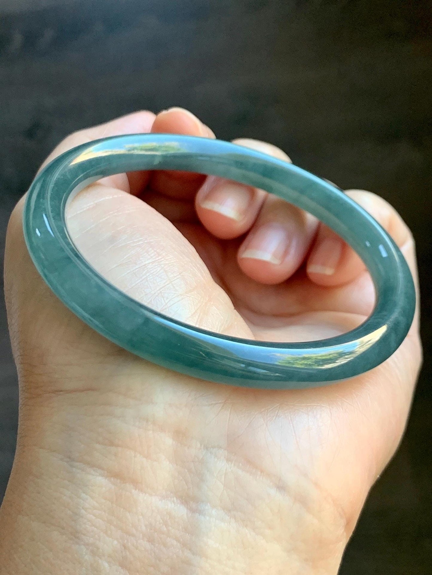 Certified Natural Grade A Guatemalan Icy Translucent Dark Teal Blue Jade Jadeite Bangle Bracelet 59.49mm 7.35” 天然冰危深蓝翡翠圆条手镯 718