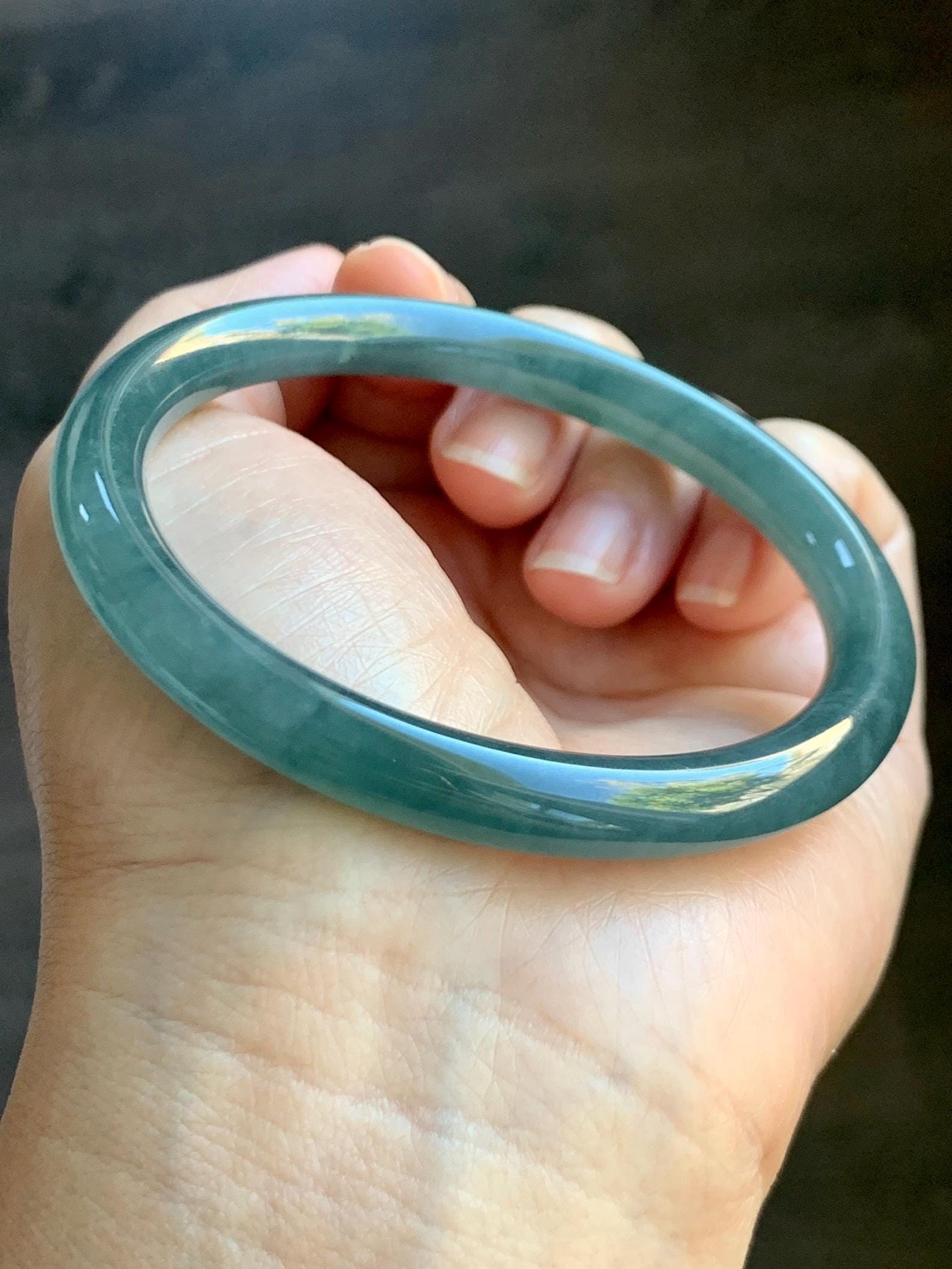 Certified Natural Grade A Guatemalan Icy Translucent Dark Teal Blue Jade Jadeite Bangle Bracelet 59.49mm 7.35” 天然冰危深蓝翡翠圆条手镯 718