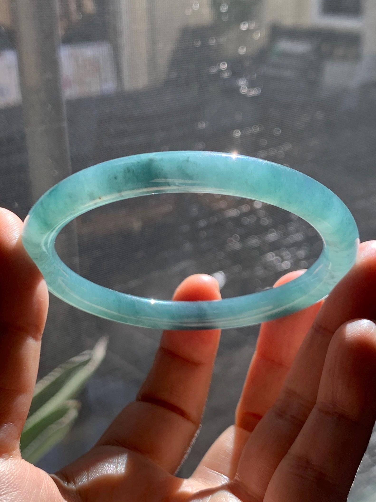 Certified Natural Grade A Guatemalan Icy Translucent Dark Teal Blue Jade Jadeite Bangle Bracelet 59.49mm 7.35” 天然冰危深蓝翡翠圆条手镯 718