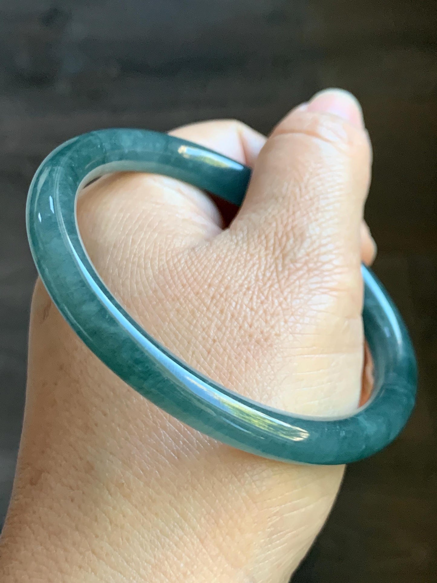 Certified Natural Grade A Guatemalan Icy Translucent Dark Teal Blue Jade Jadeite Bangle Bracelet 59.49mm 7.35” 天然冰危深蓝翡翠圆条手镯 718