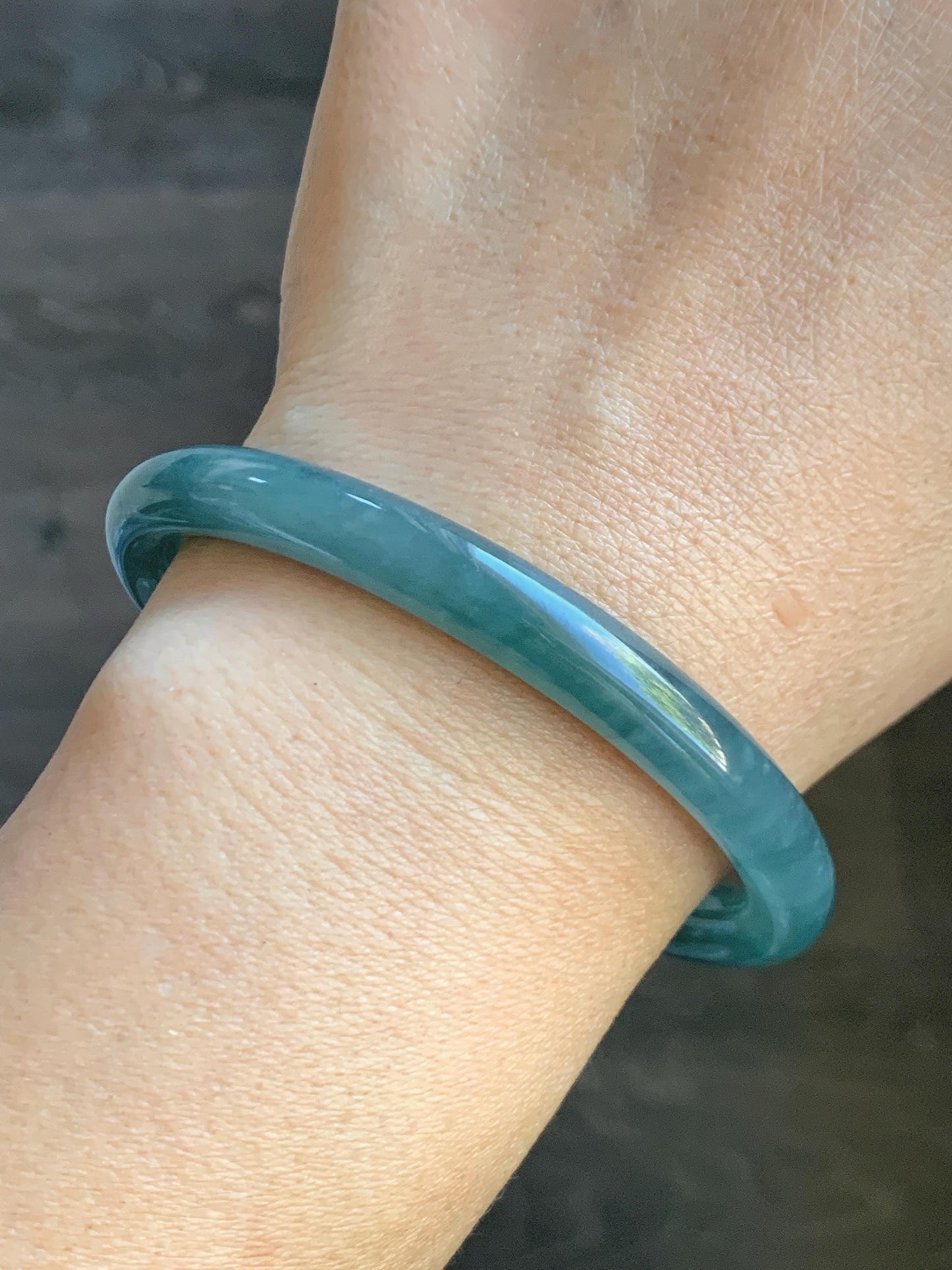 Certified Natural Grade A Guatemalan Icy Translucent Dark Teal Blue Jade Jadeite Bangle Bracelet 59.49mm 7.35” 天然冰危深蓝翡翠圆条手镯 718