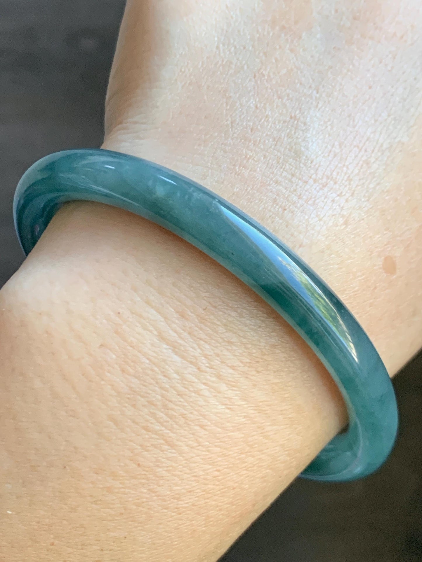 Certified Natural Grade A Guatemalan Icy Translucent Dark Teal Blue Jade Jadeite Bangle Bracelet 59.49mm 7.35” 天然冰危深蓝翡翠圆条手镯 718