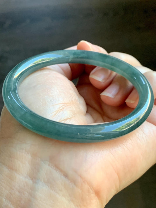 Certified Natural Grade A Guatemalan Icy Translucent Dark Teal Blue Jade Jadeite Bangle Bracelet 59.49mm 7.35” 天然冰危深蓝翡翠圆条手镯 718