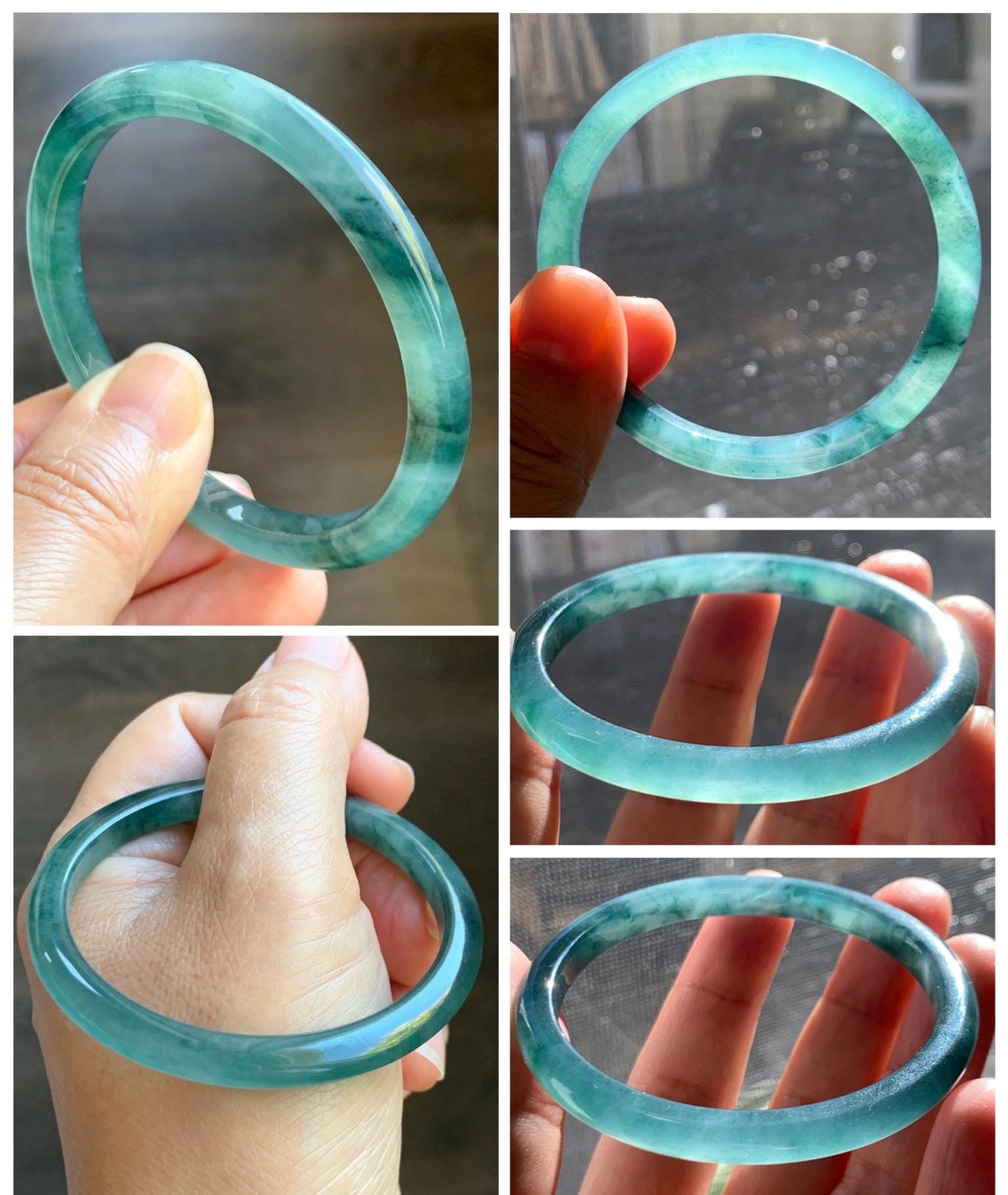 Certified Natural Grade A Guatemalan Icy Highly Translucent Dark Green & Green Marbled Jade Jadeite Bangle 53.7mm 6.6” 天然冰胶危深蓝飘花翡翠手镯 278