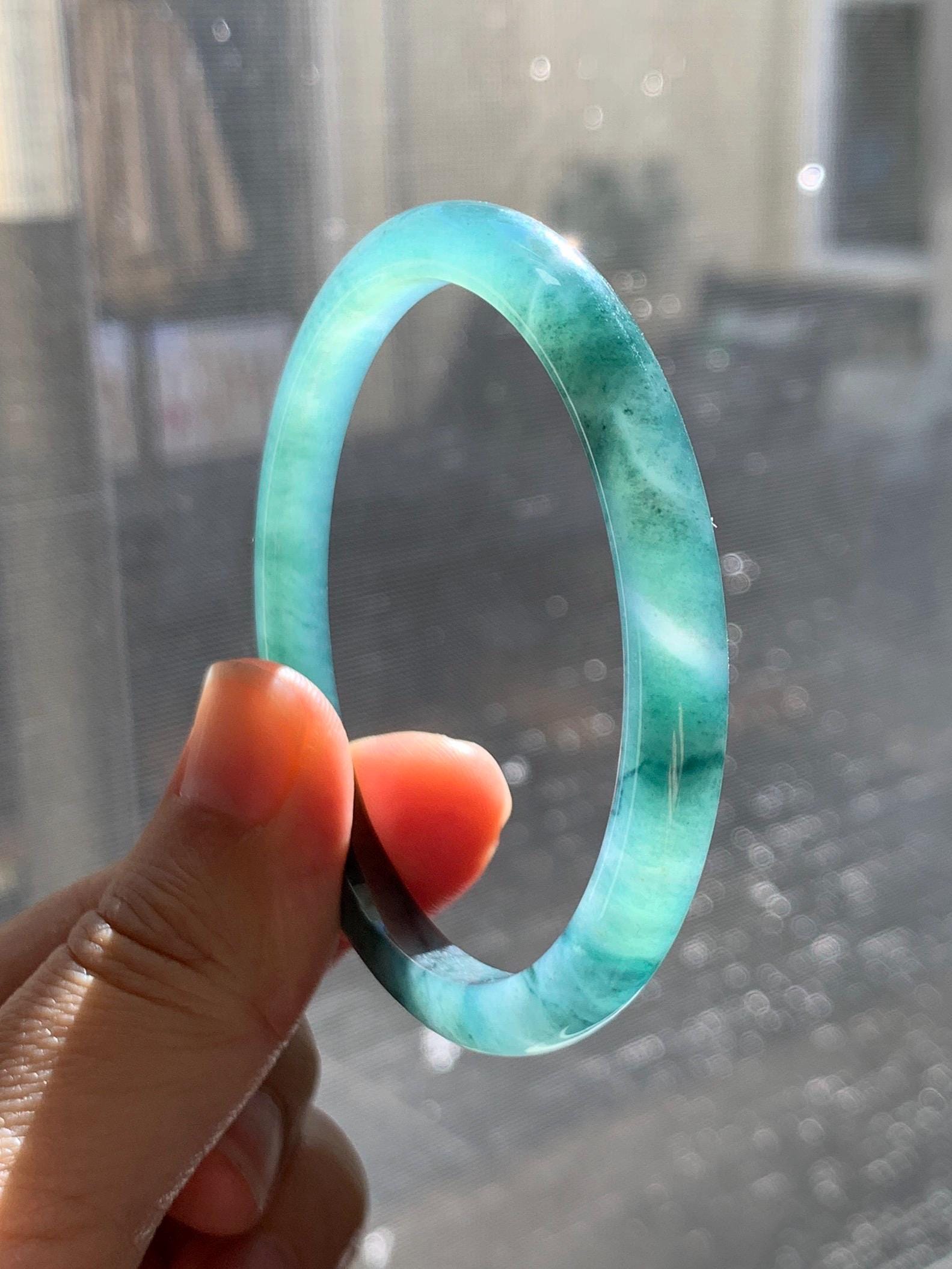 Certified Natural Grade A Guatemalan Icy Highly Translucent Dark Green & Green Marbled Jade Jadeite Bangle 53.7mm 6.6” 天然冰胶危深蓝飘花翡翠手镯 278