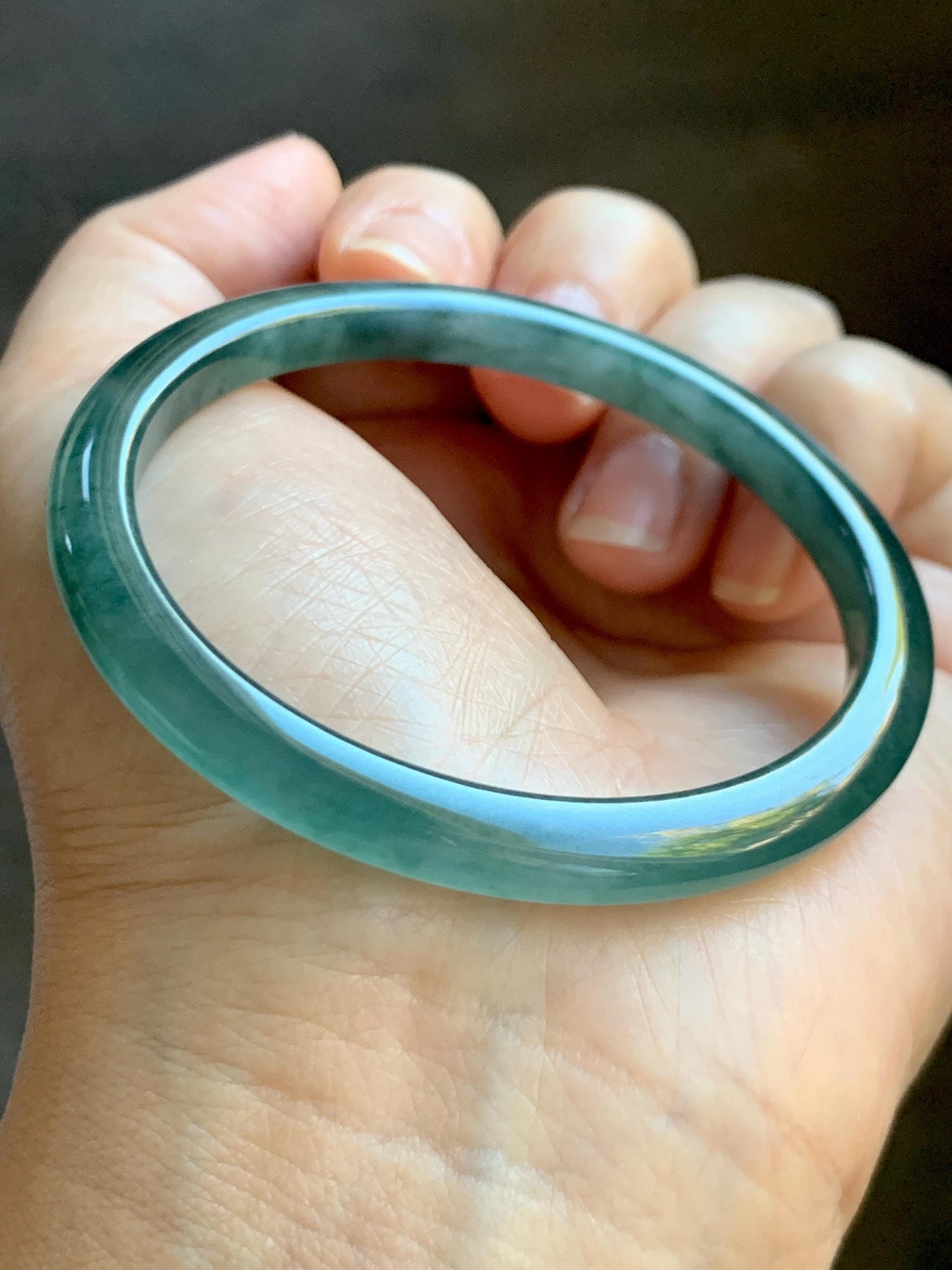 Certified Natural Grade A Guatemalan Icy Highly Translucent Dark Green & Green Marbled Jade Jadeite Bangle 53.7mm 6.6” 天然冰胶危深蓝飘花翡翠手镯 278