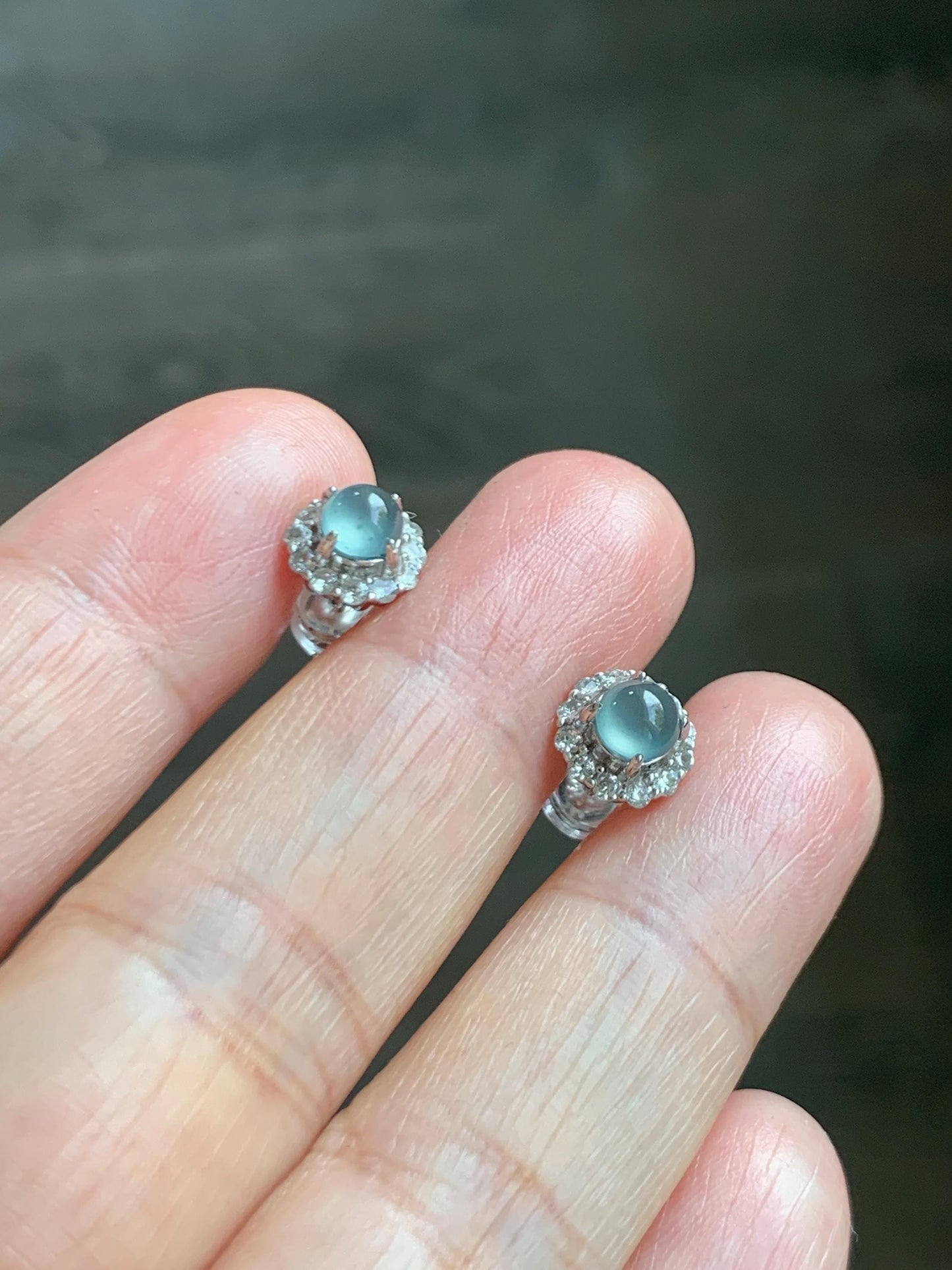 Natural grade A Guatemalan Icy Highly Translucent Light Teal Blue Jade Jadeite Halo Style Stud Earrings Sterling Silver 天然冰危蓝翡翠银镶耳钉 XLE66