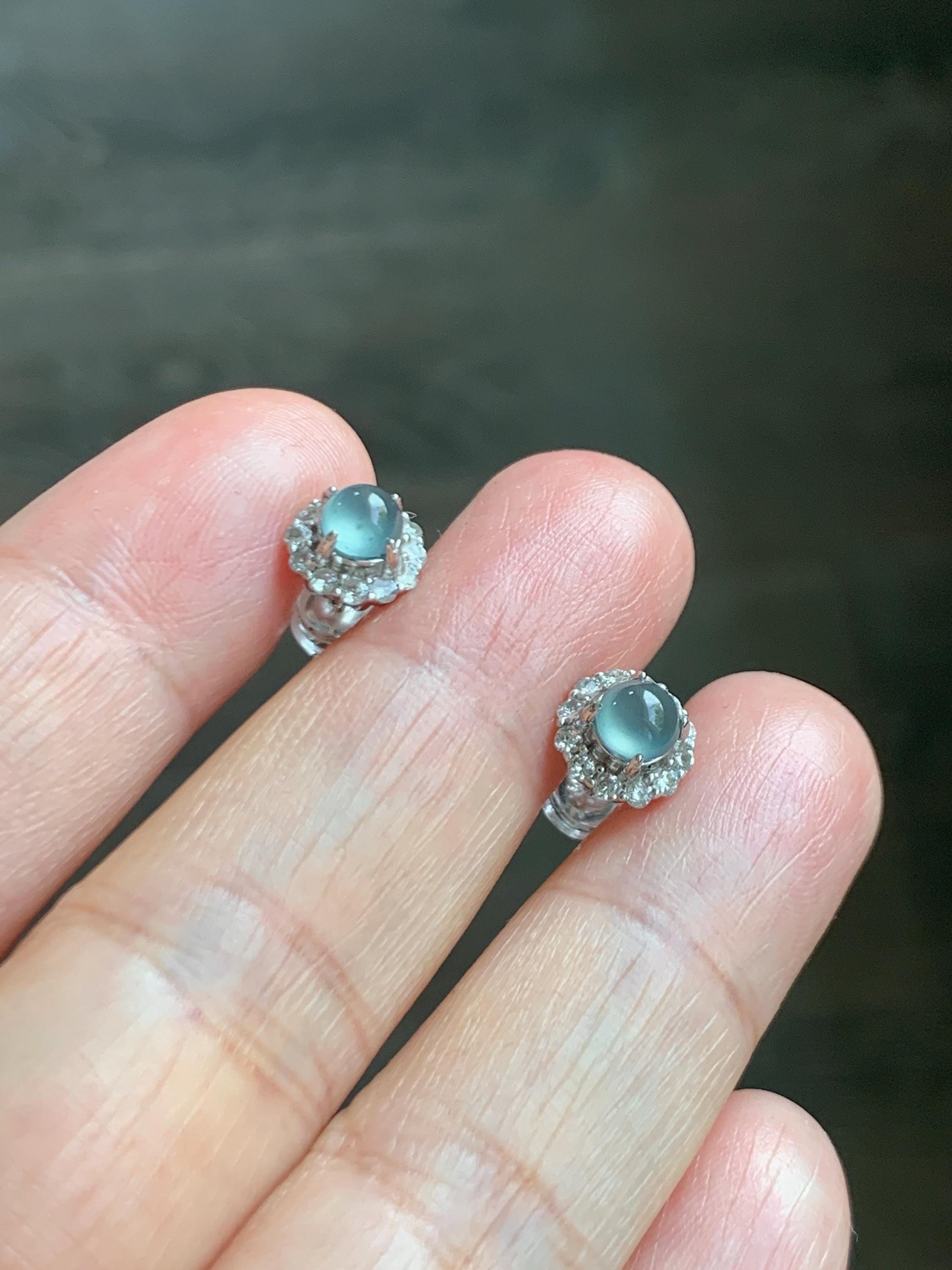 Natural grade A Guatemalan Icy Highly Translucent Light Teal Blue Jade Jadeite Halo Style Stud Earrings Sterling Silver 天然冰危蓝翡翠银镶耳钉 XLE66