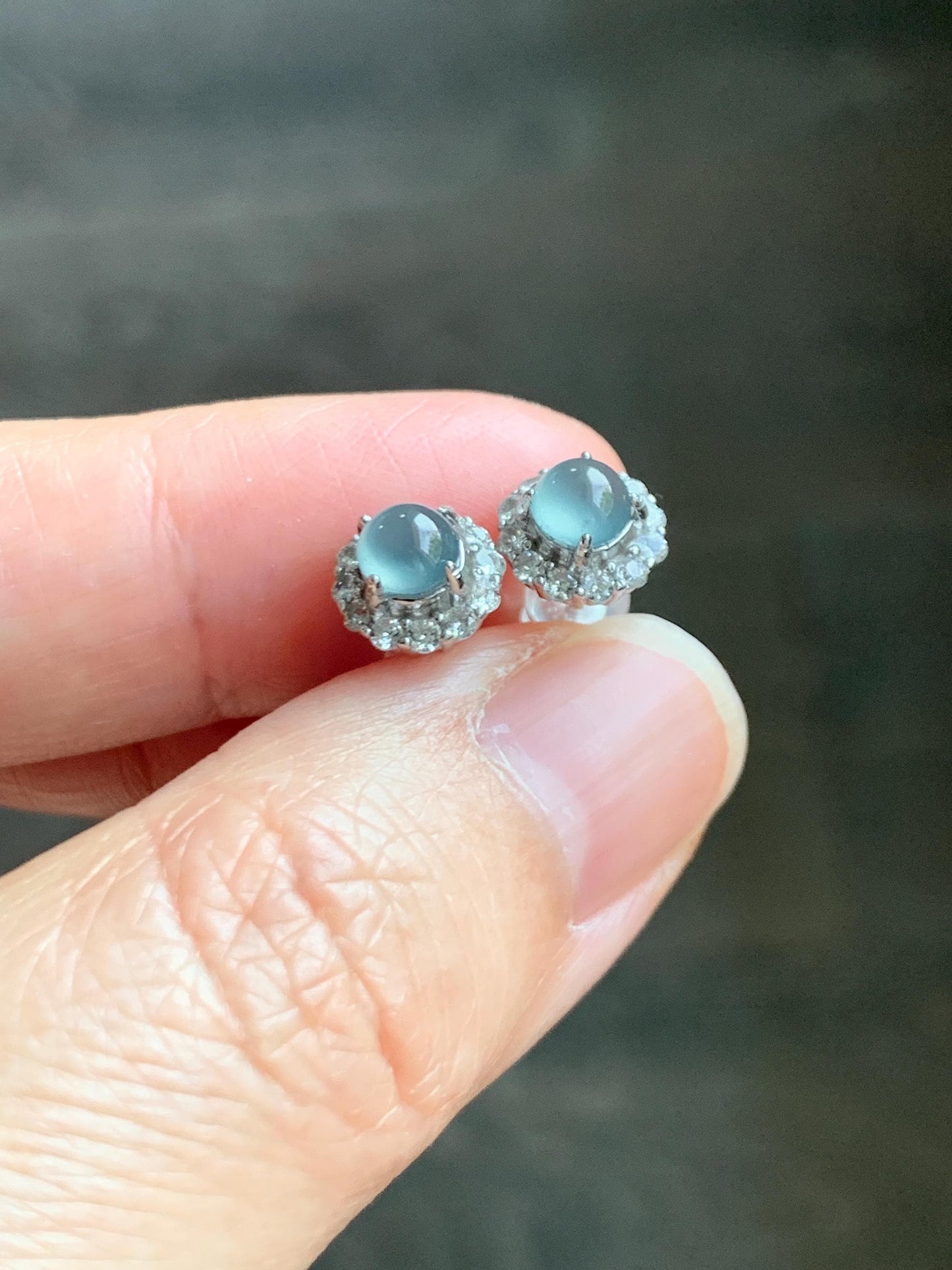 Natural grade A Guatemalan Icy Highly Translucent Light Teal Blue Jade Jadeite Halo Style Stud Earrings Sterling Silver 天然冰危蓝翡翠银镶耳钉 XLE66