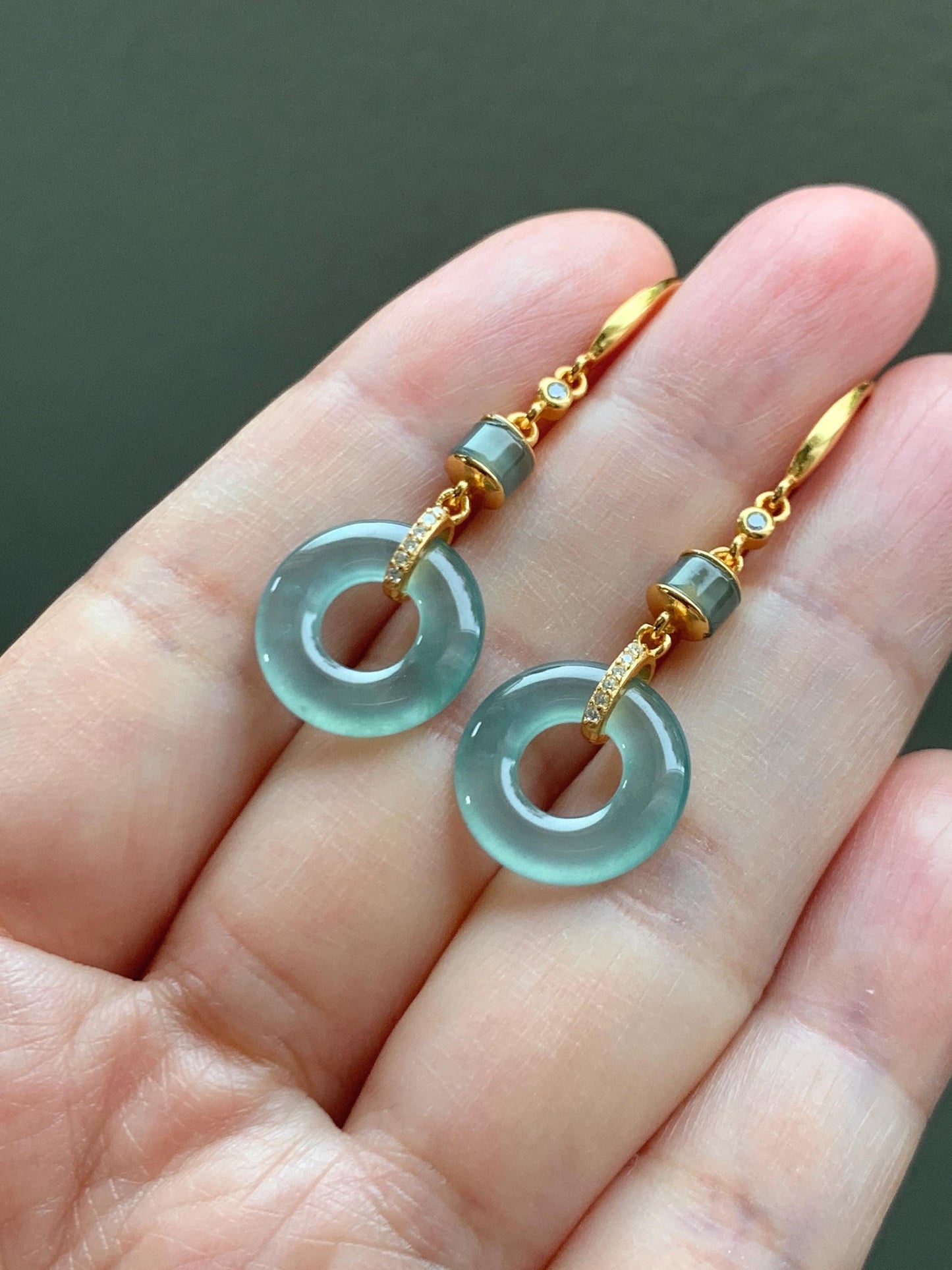 Natural Grade A Guatemalan Icy Highly Translucent Teal Green Jade Jadeite Ping An Kou Donut Earrings Sterling Silver 天然冰危浅蓝绿翡翠平安扣耳钩 PAD220A