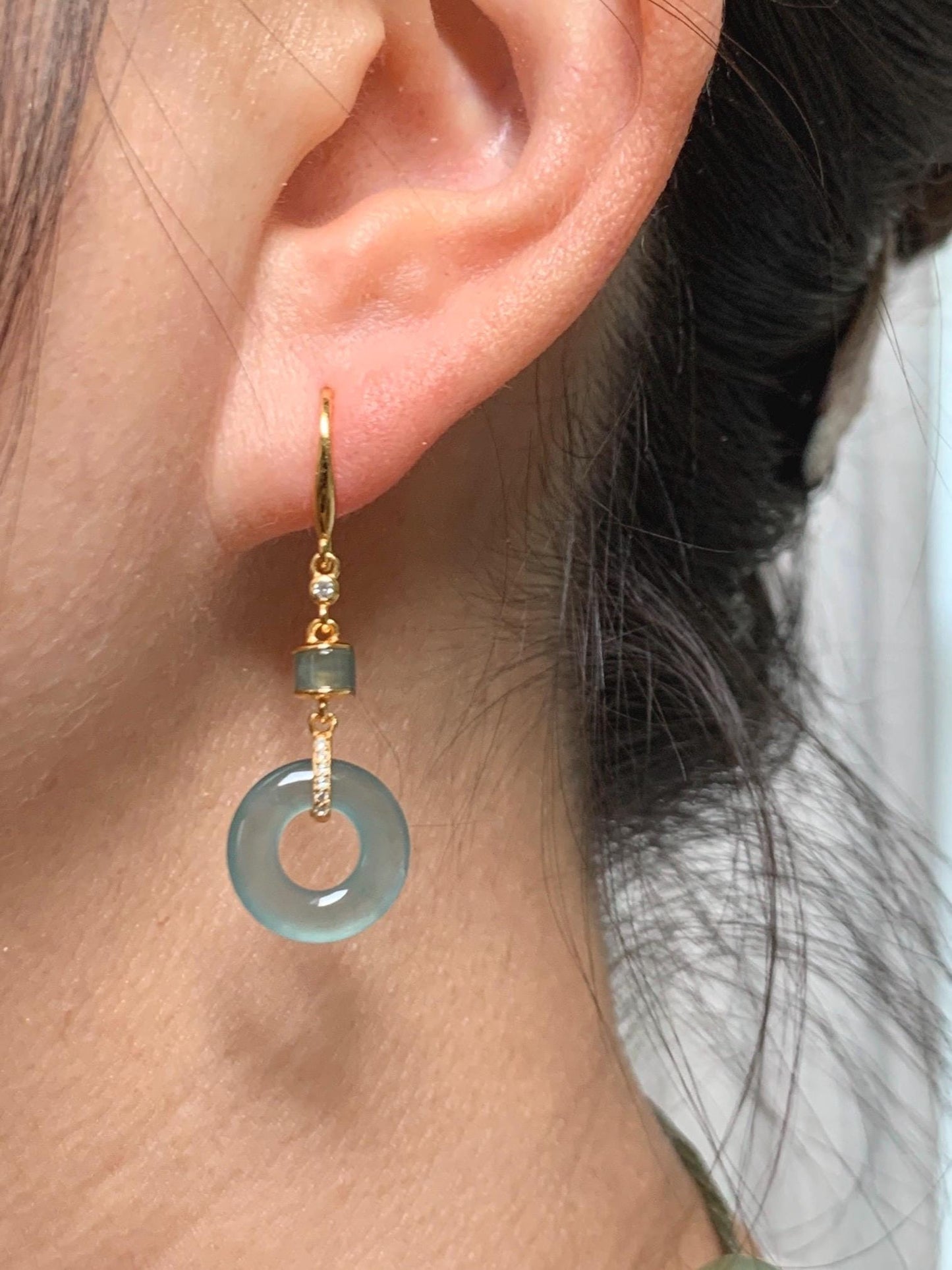 Natural Grade A Guatemalan Icy Highly Translucent Teal Green Jade Jadeite Ping An Kou Donut Earrings Sterling Silver 天然冰危浅蓝绿翡翠平安扣耳钩 PAD220A