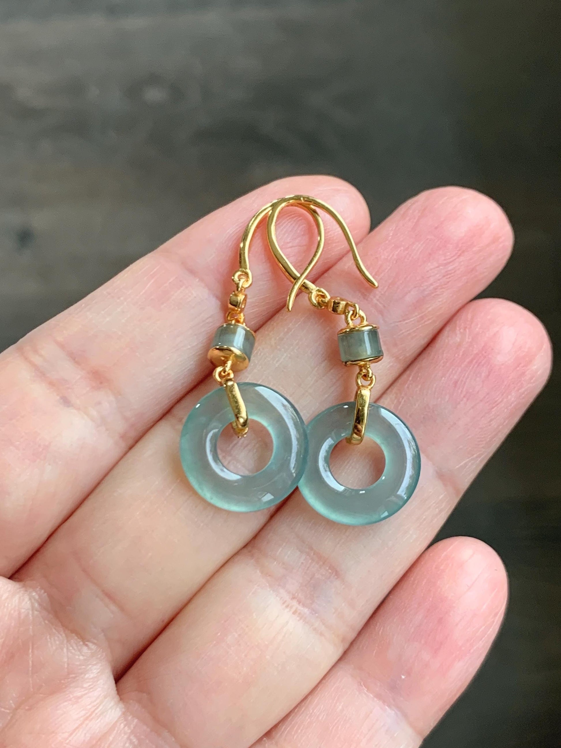 Natural Grade A Guatemalan Icy Highly Translucent Teal Green Jade Jadeite Ping An Kou Donut Earrings Sterling Silver 天然冰危浅蓝绿翡翠平安扣耳钩 PAD220A