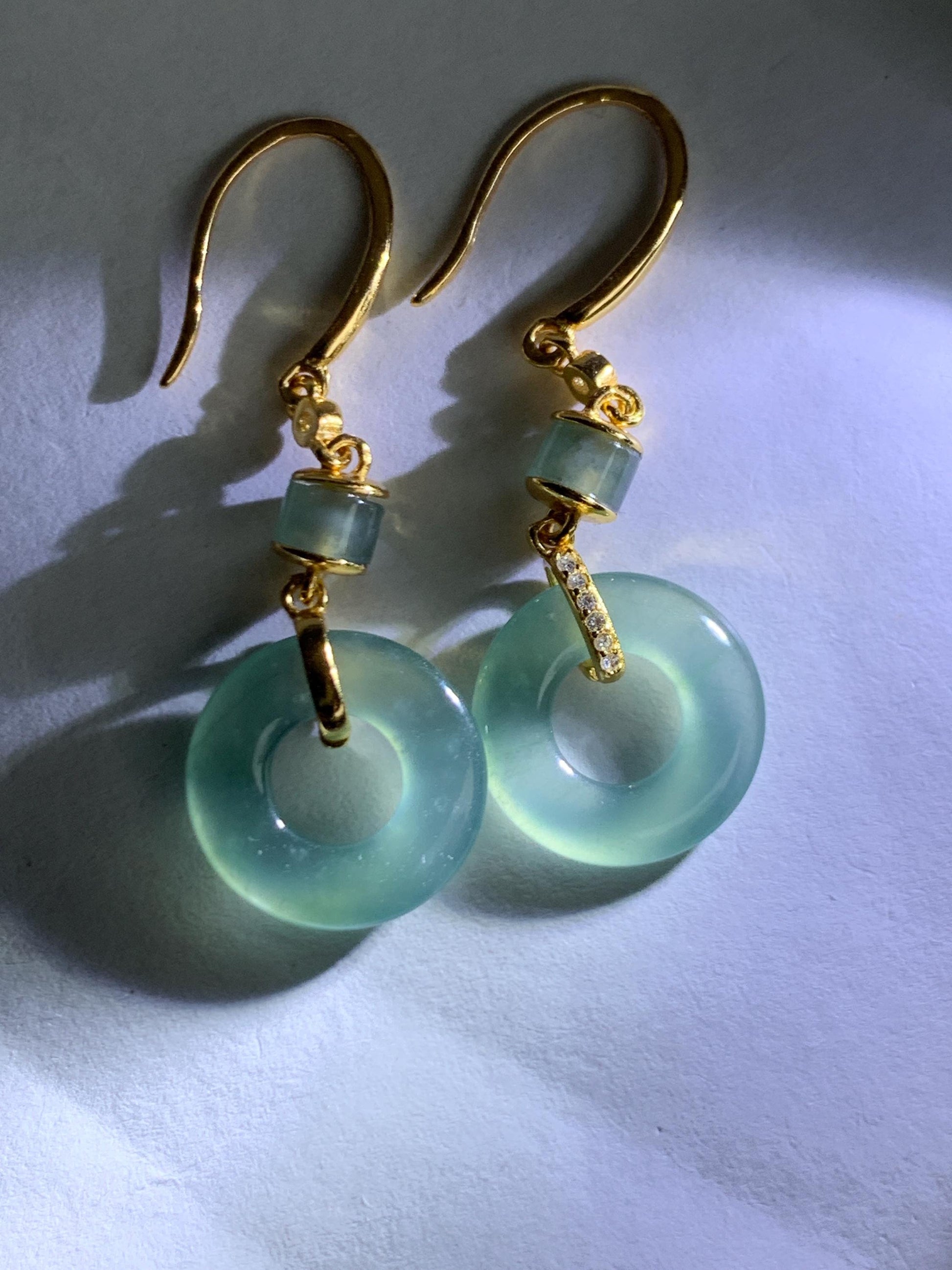 Natural Grade A Guatemalan Icy Highly Translucent Teal Green Jade Jadeite Ping An Kou Donut Earrings Sterling Silver 天然冰危浅蓝绿翡翠平安扣耳钩 PAD220A