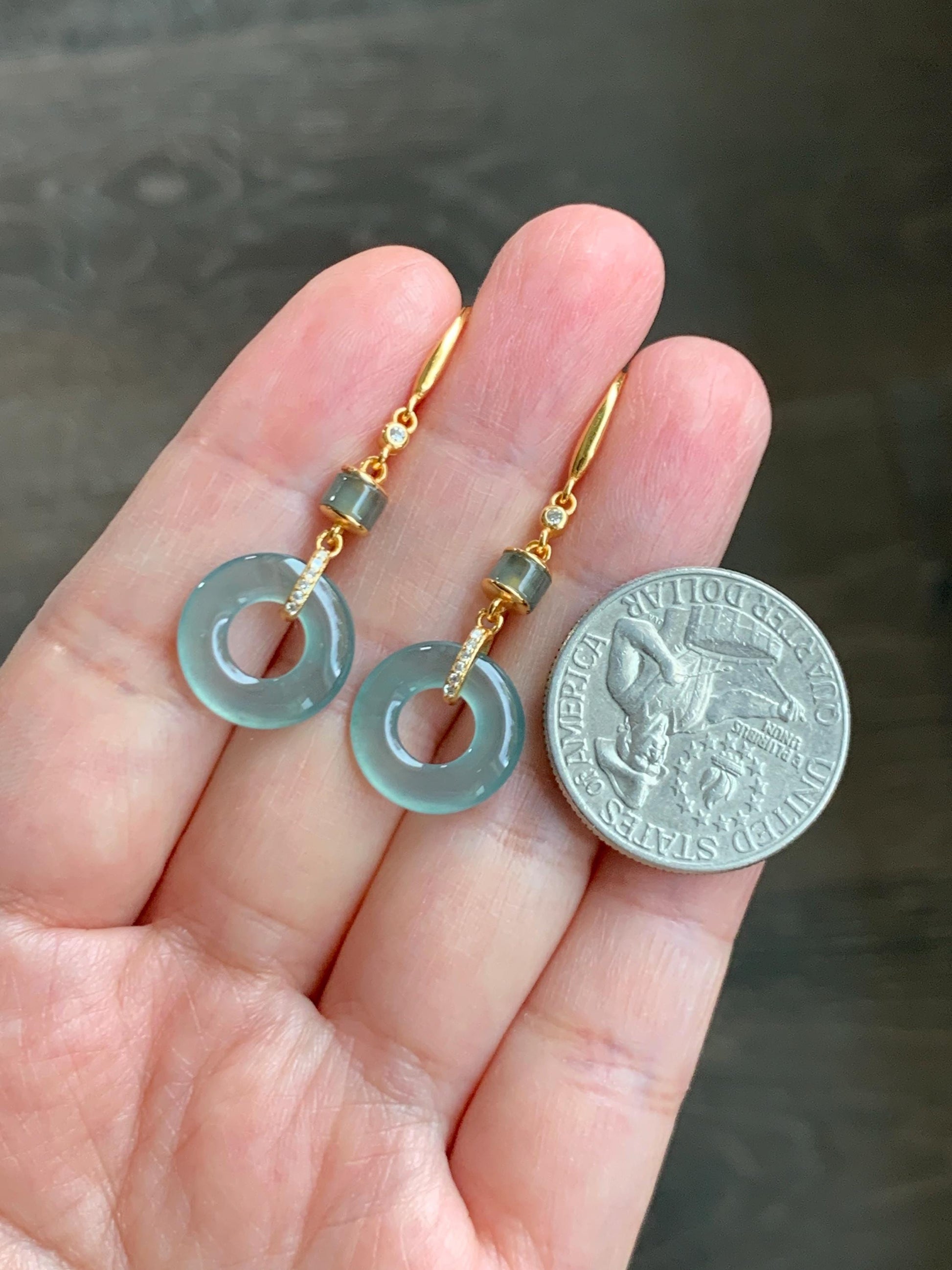 Natural Grade A Guatemalan Icy Highly Translucent Teal Green Jade Jadeite Ping An Kou Donut Earrings Sterling Silver 天然冰危浅蓝绿翡翠平安扣耳钩 PAD220A