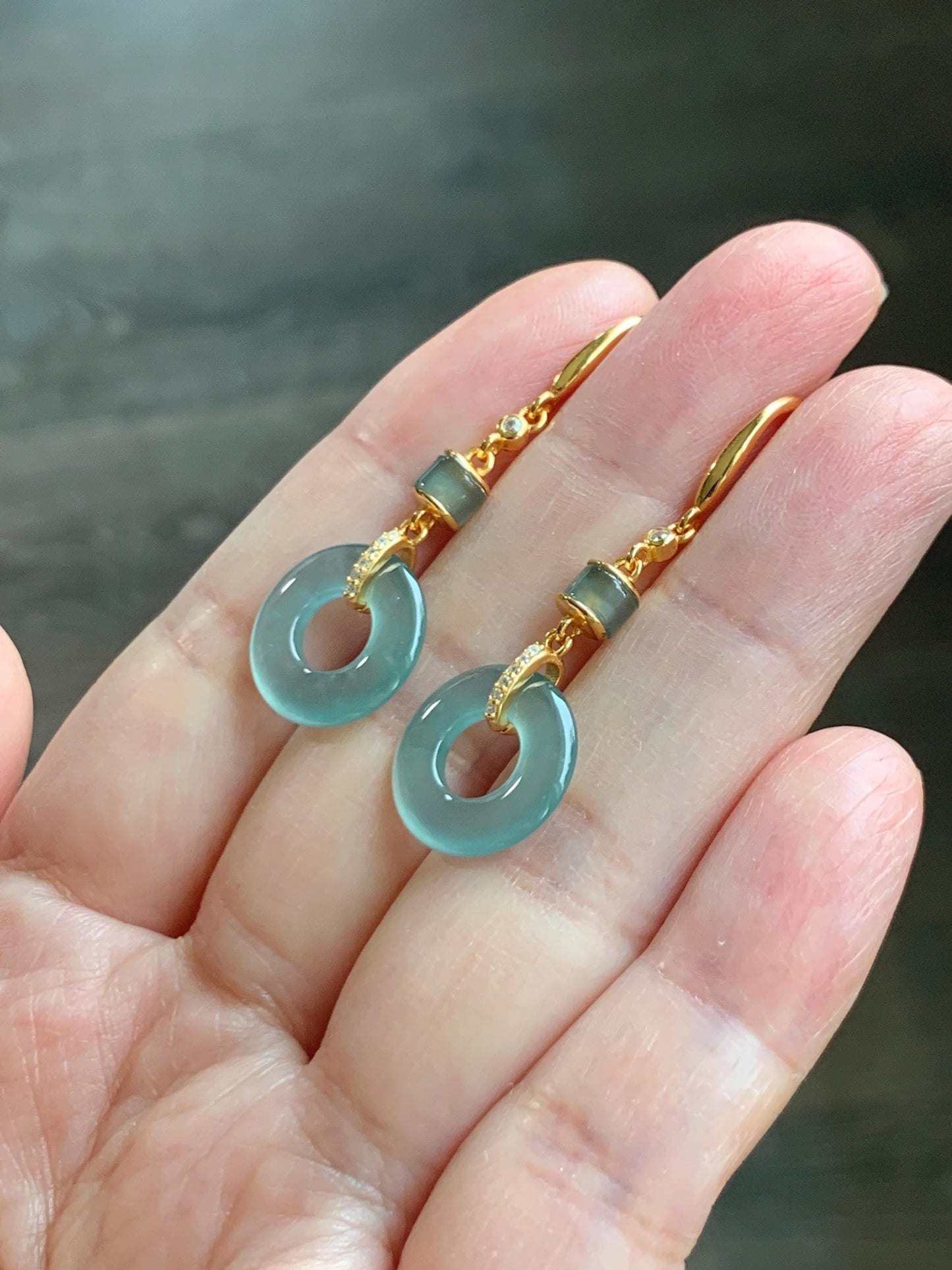 Natural Grade A Guatemalan Icy Highly Translucent Teal Green Jade Jadeite Ping An Kou Donut Earrings Sterling Silver 天然冰危浅蓝绿翡翠平安扣耳钩 PAD220A