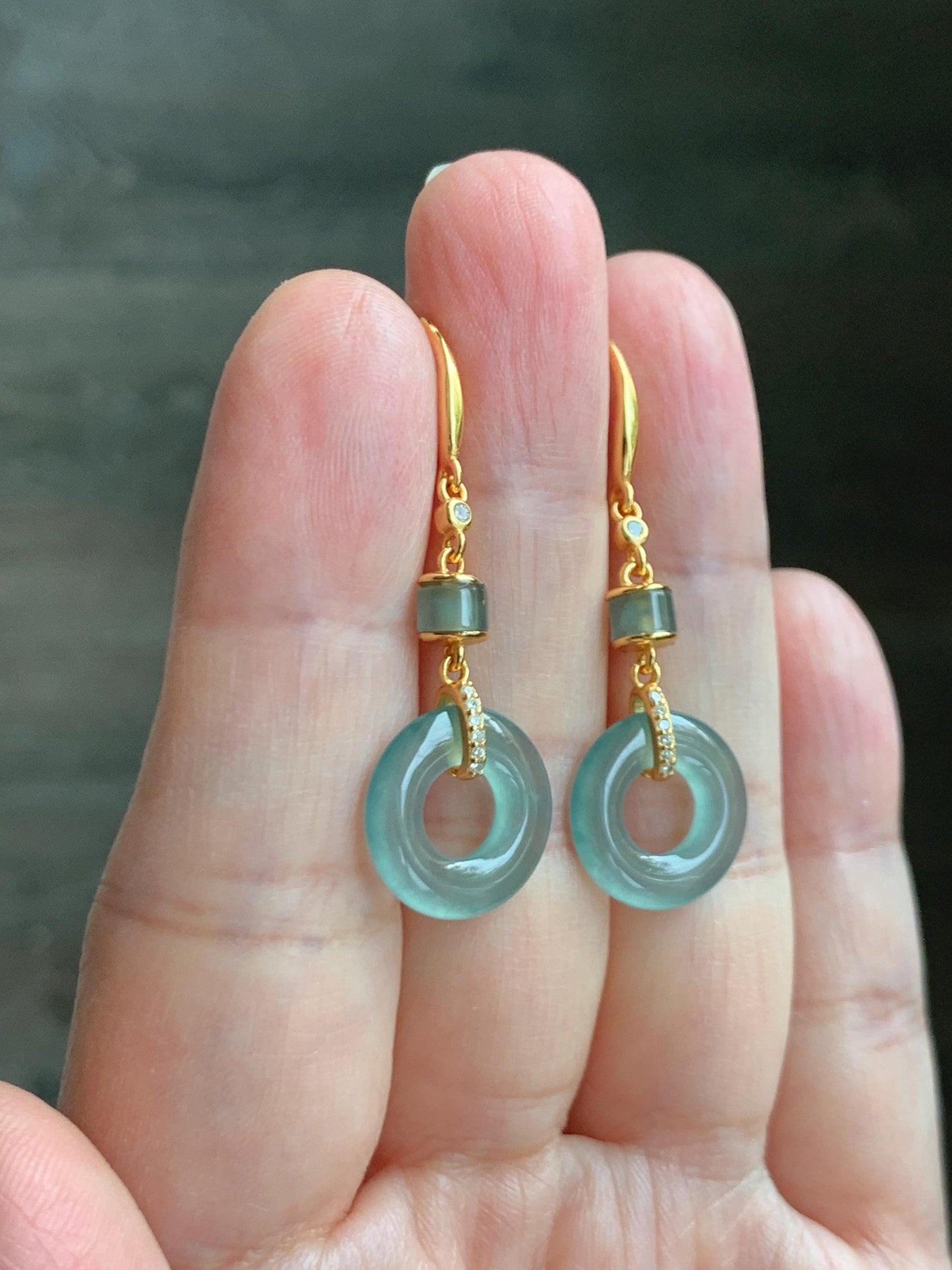 Natural Grade A Guatemalan Icy Highly Translucent Teal Green Jade Jadeite Ping An Kou Donut Earrings Sterling Silver 天然冰危浅蓝绿翡翠平安扣耳钩 PAD220A