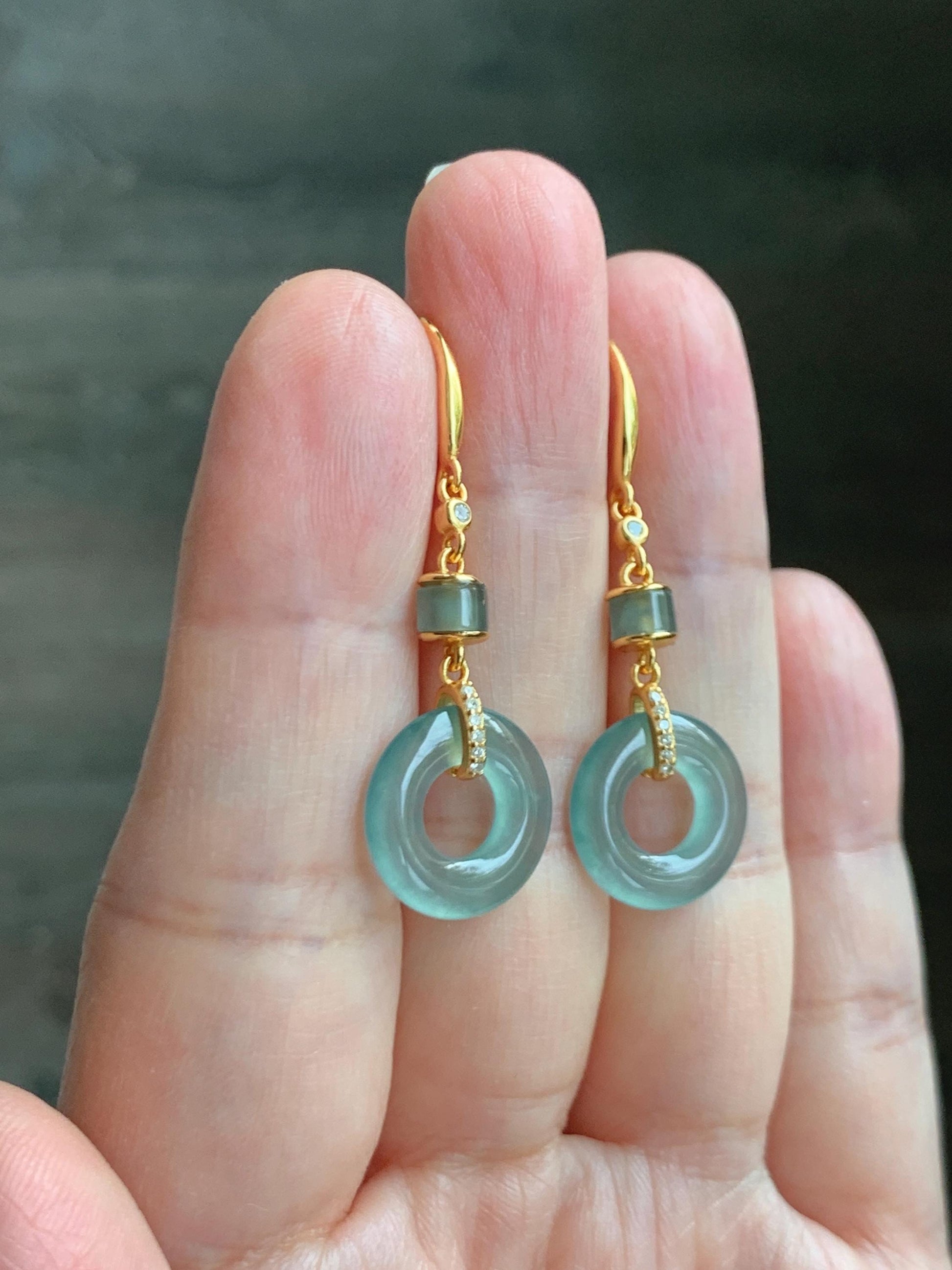 Natural Grade A Guatemalan Icy Highly Translucent Teal Green Jade Jadeite Ping An Kou Donut Earrings Sterling Silver 天然冰危浅蓝绿翡翠平安扣耳钩 PAD220A