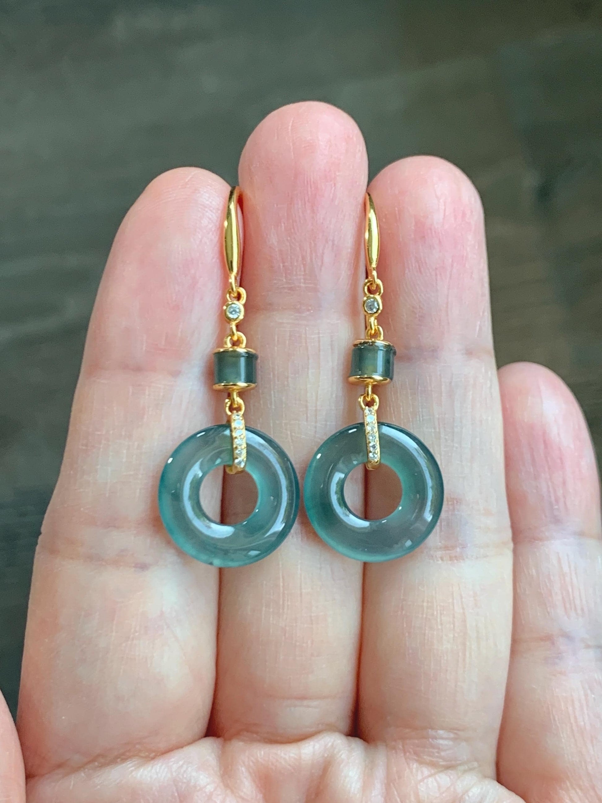 Natural Grade A Guatemalan Icy Highly Translucent Teal Blue Jade Jadeite Ping An Kou Donut Earrings Sterling Silver 天然冰危深蓝绿翡翠平安扣耳钩 PAD220B