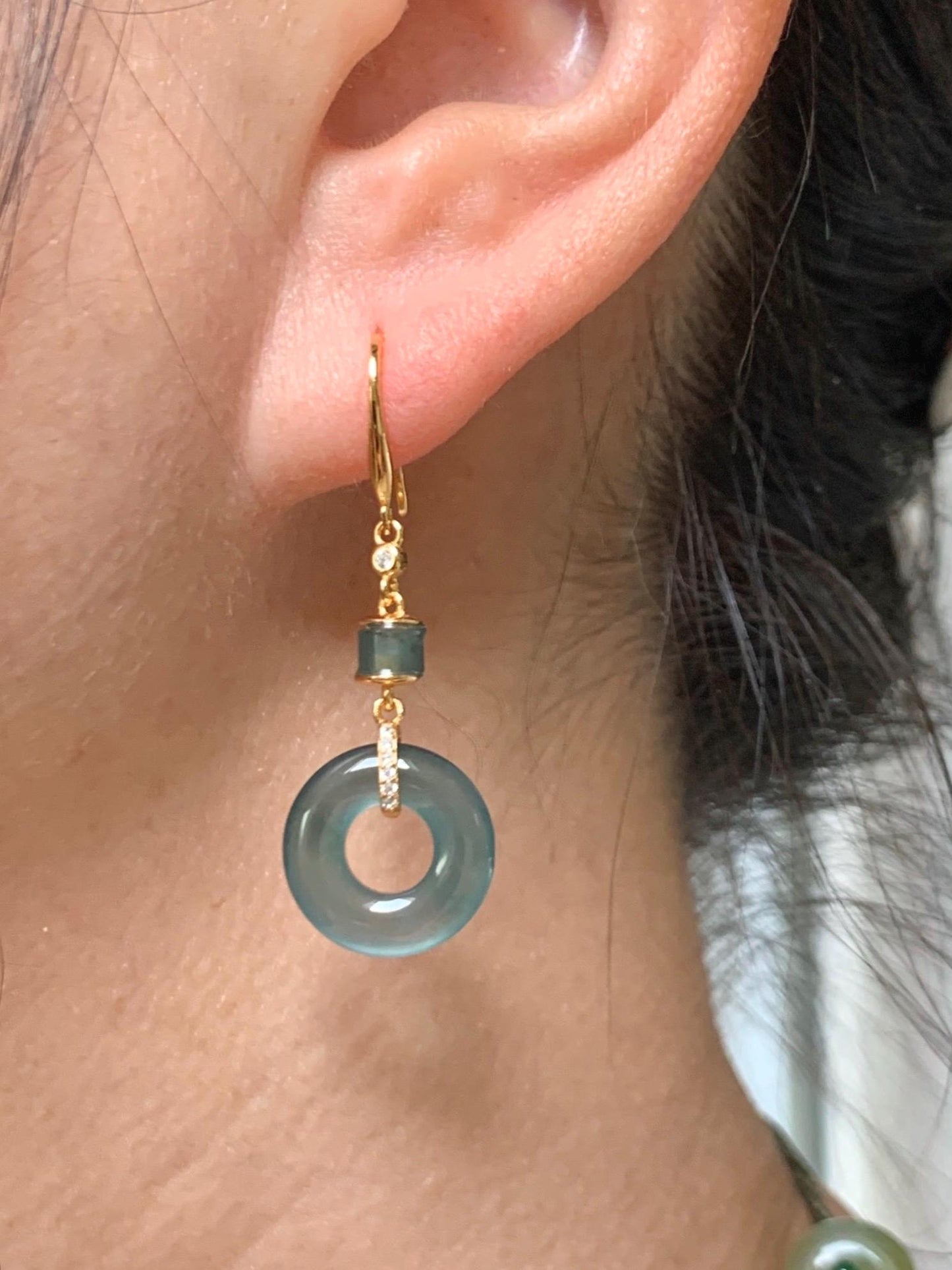 Natural Grade A Guatemalan Icy Highly Translucent Teal Blue Jade Jadeite Ping An Kou Donut Earrings Sterling Silver 天然冰危深蓝绿翡翠平安扣耳钩 PAD220B