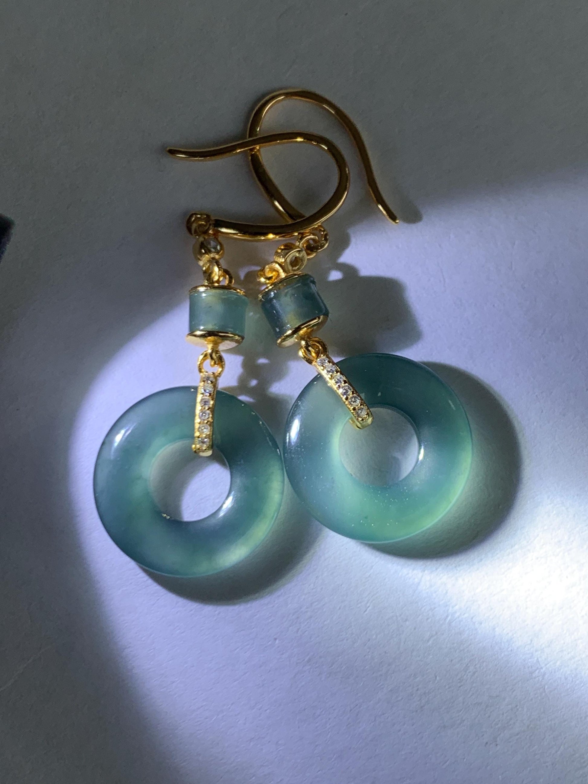 Natural Grade A Guatemalan Icy Highly Translucent Teal Blue Jade Jadeite Ping An Kou Donut Earrings Sterling Silver 天然冰危深蓝绿翡翠平安扣耳钩 PAD220B