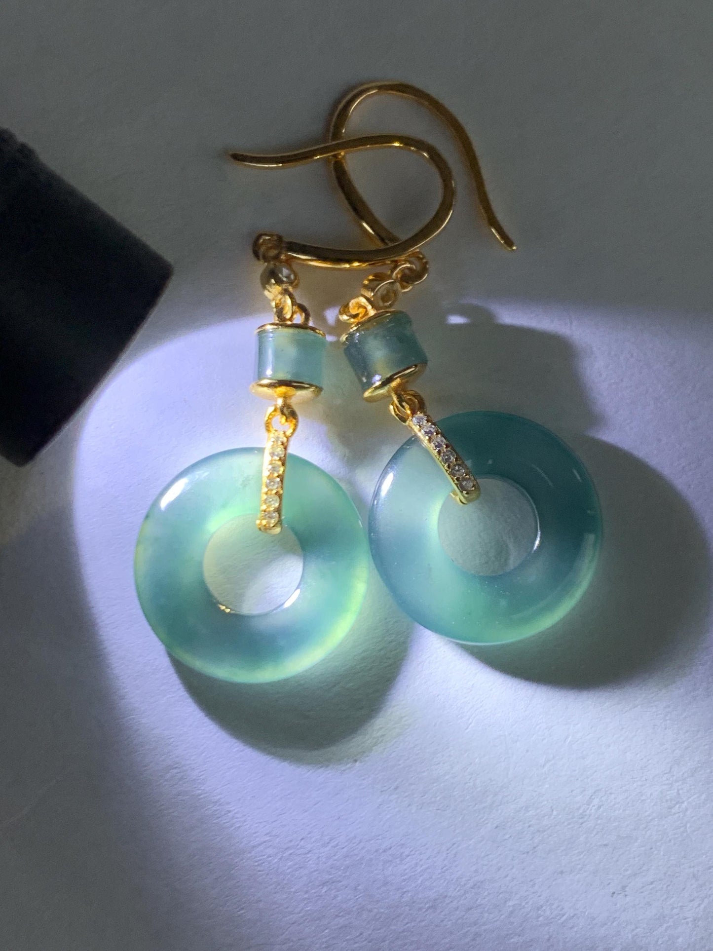 Natural Grade A Guatemalan Icy Highly Translucent Teal Blue Jade Jadeite Ping An Kou Donut Earrings Sterling Silver 天然冰危深蓝绿翡翠平安扣耳钩 PAD220B