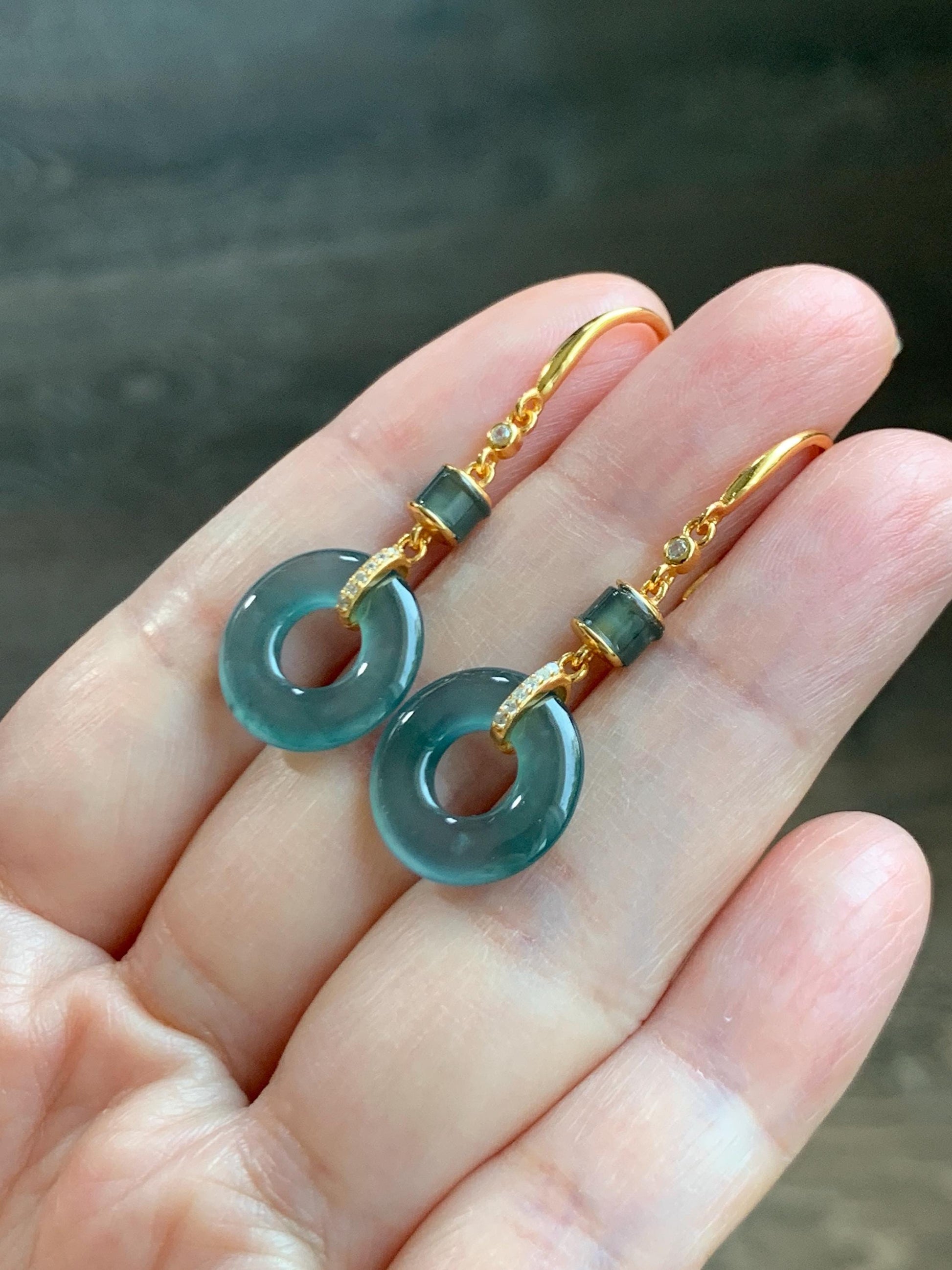 Natural Grade A Guatemalan Icy Highly Translucent Teal Blue Jade Jadeite Ping An Kou Donut Earrings Sterling Silver 天然冰危深蓝绿翡翠平安扣耳钩 PAD220B