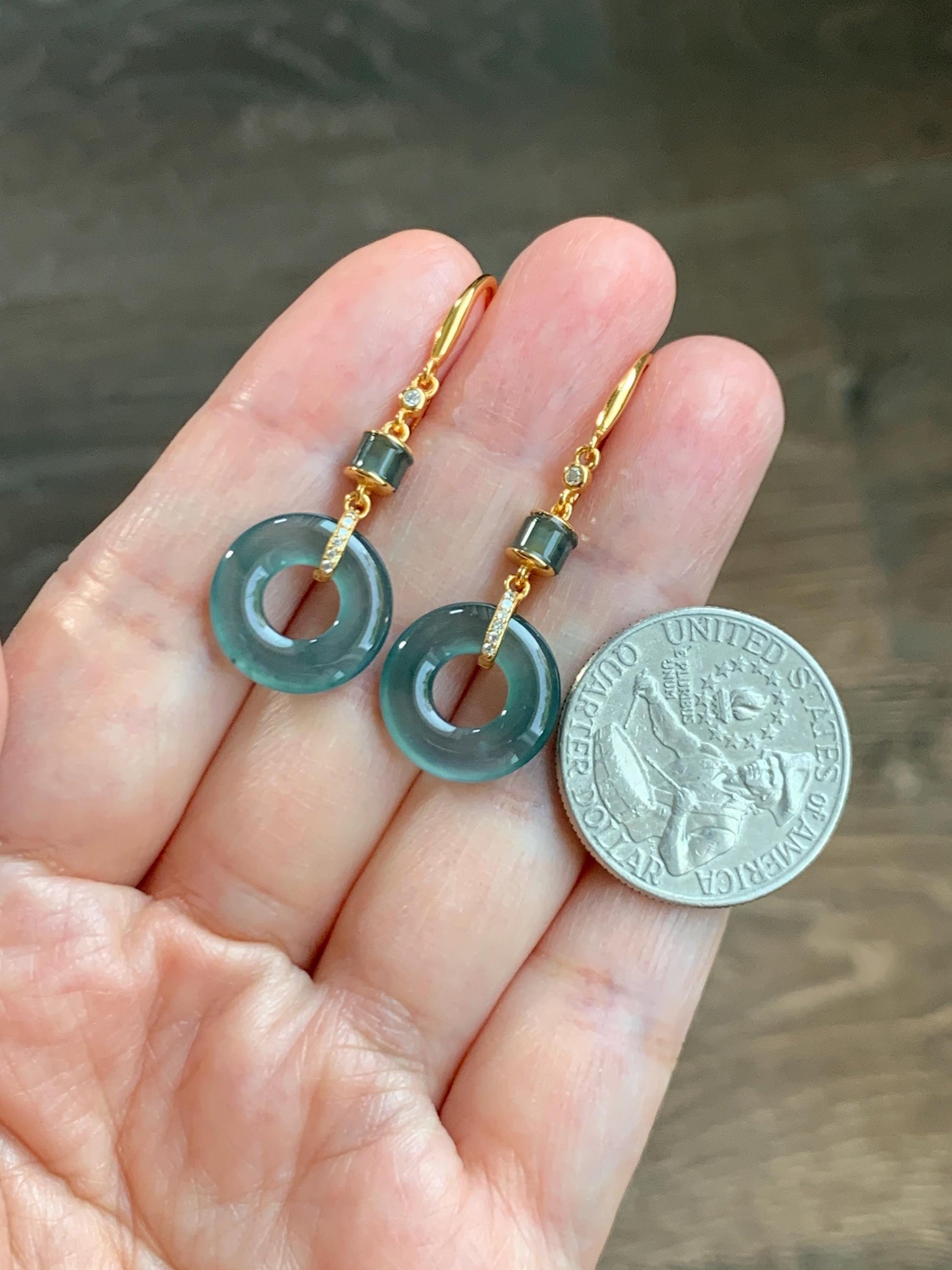 Natural Grade A Guatemalan Icy Highly Translucent Teal Blue Jade Jadeite Ping An Kou Donut Earrings Sterling Silver 天然冰危深蓝绿翡翠平安扣耳钩 PAD220B